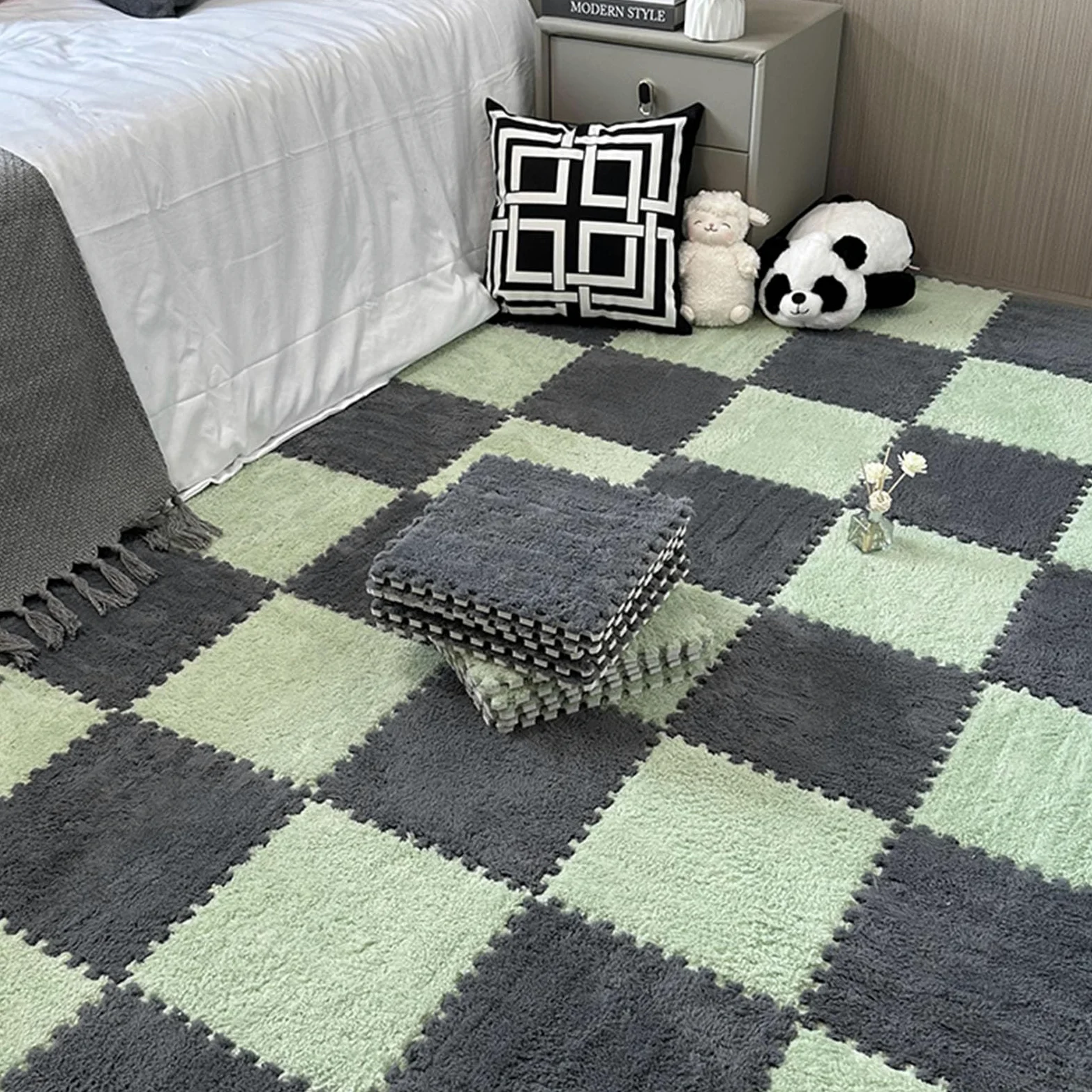 Tappeto a Incastro Splice, Tappeto Puzzle in Schiuma di Peluche, 10 Piastrelle quadrate in Schiuma ad Incastro, Tappeto soffice per Soggiorno, Tappeto in Schiuma per Came,Gray+Mint Green
