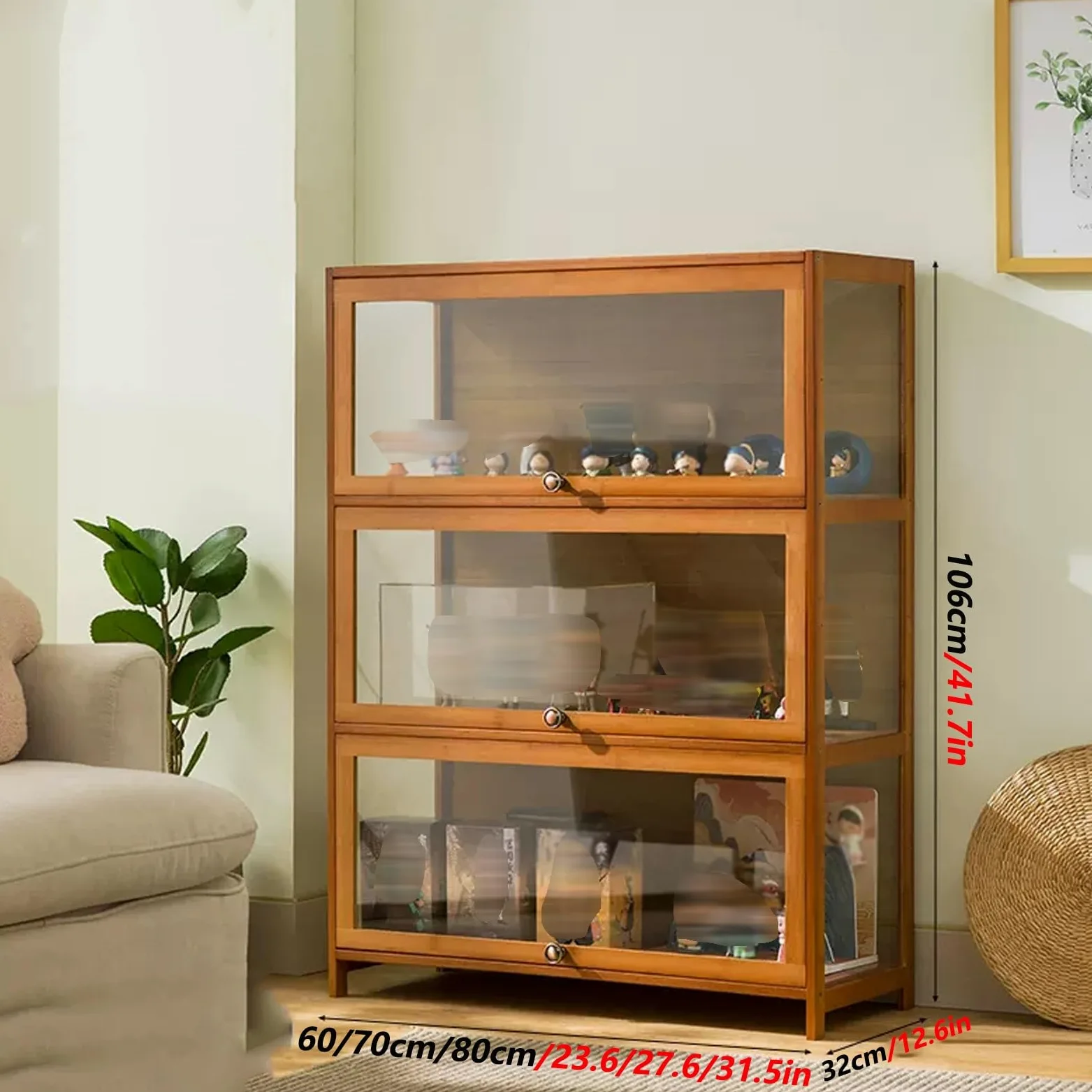 Vetrina in Acrilico, Vetrina per Oggetti da Collezione, Vetrina Multifunzionale per Curiosità Realizzato in Materiale di Bambù Naturale, Design Della Porta Ribaltabile ( Color : Dark brown , Size : 80