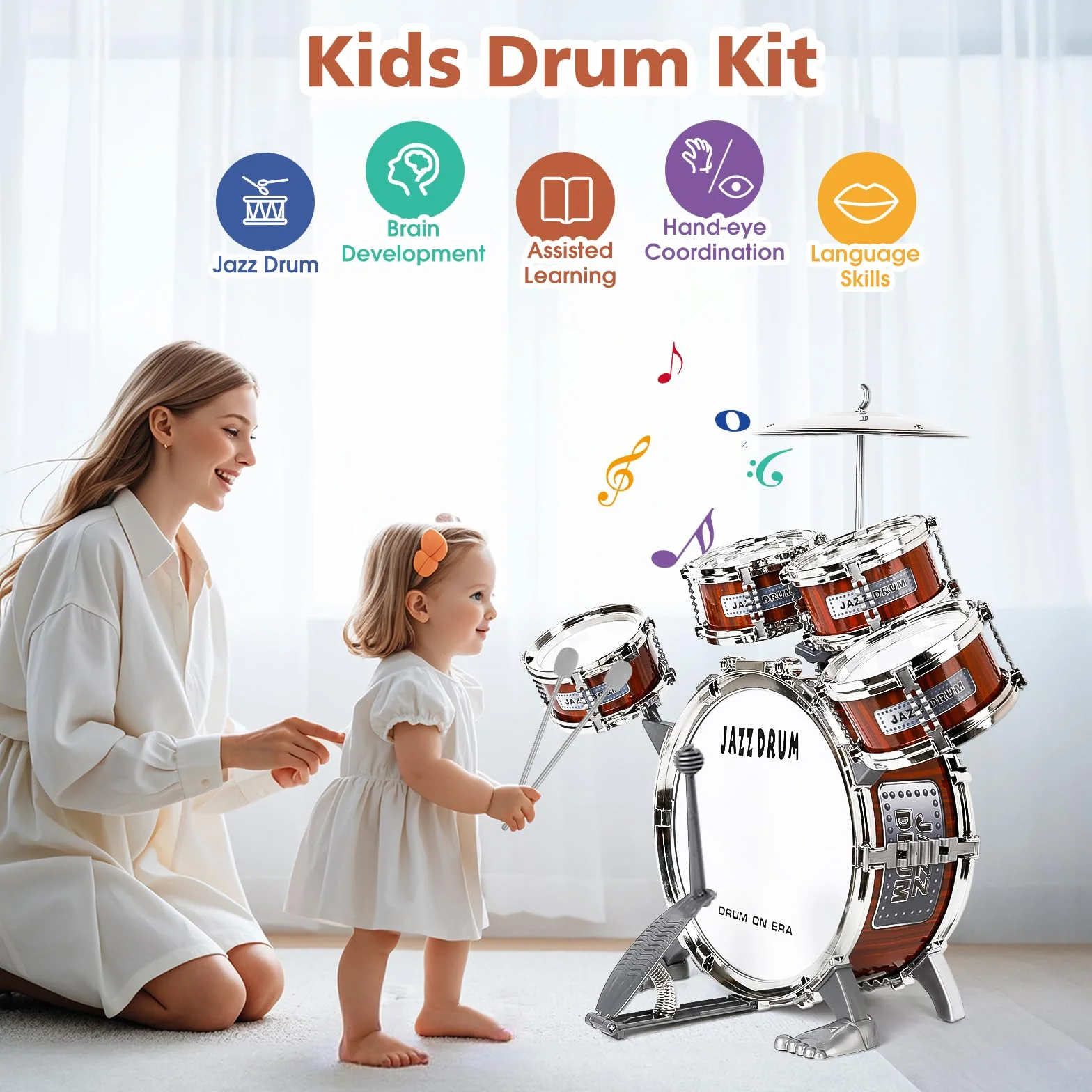 Batteria per Bambini, Set Batteria Jazz Strumento Musicale 5 Tamburi con Sgabello, Toddler Drum Set Musicale Percussione Giocattolo Regalo per Bambini 3 4 5 Ragazzi e Ragazze
