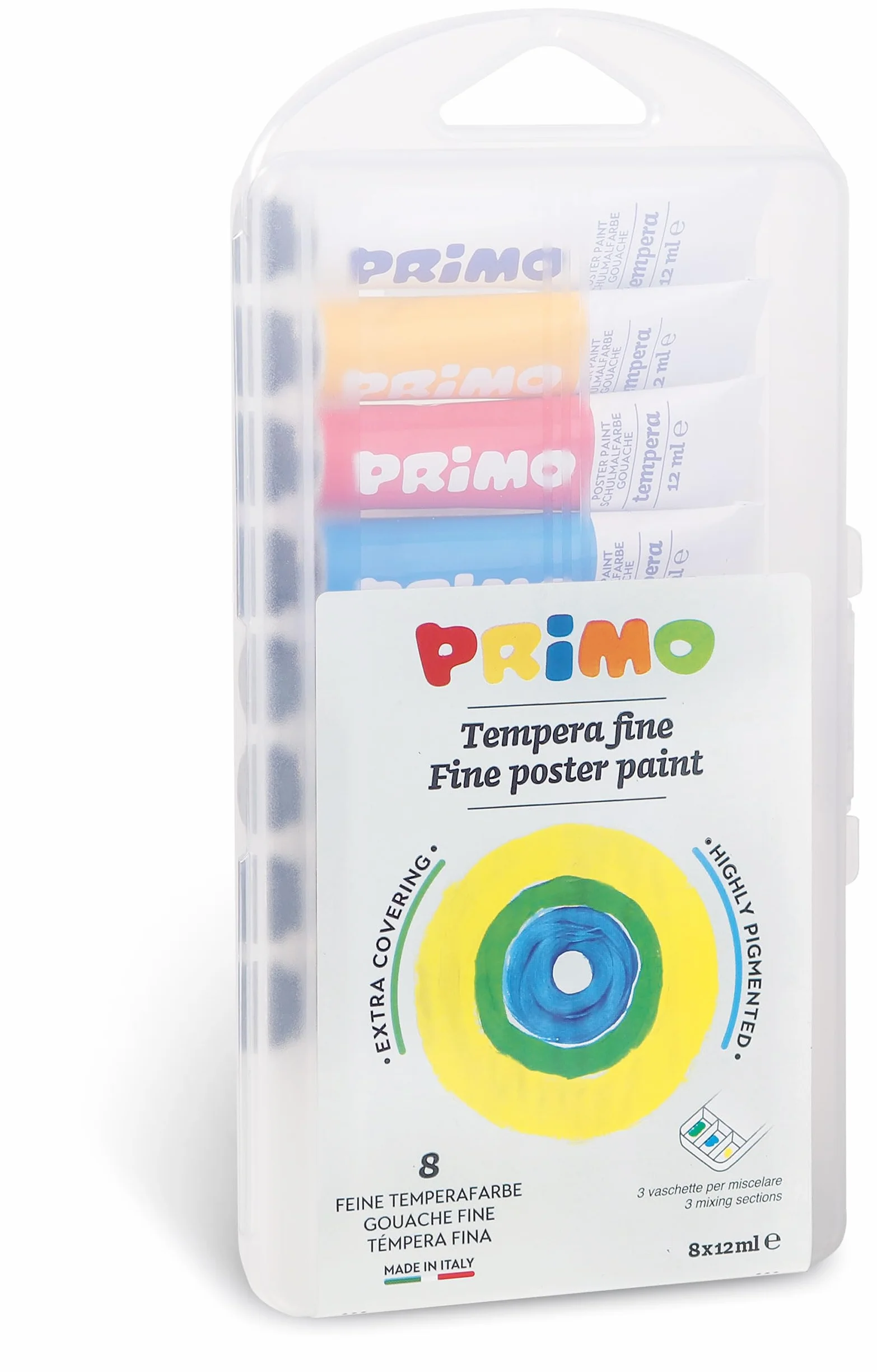PRIMO - Tempere per Bambini +3 Anni, 8 Tubi da 12 ml, Colori Diluibili con Acqua, Colori a Tempera Fine Densi e Coprenti per Tessuti, Carta, Vetro, Lavoretti Creativi per Bambini e Hobby