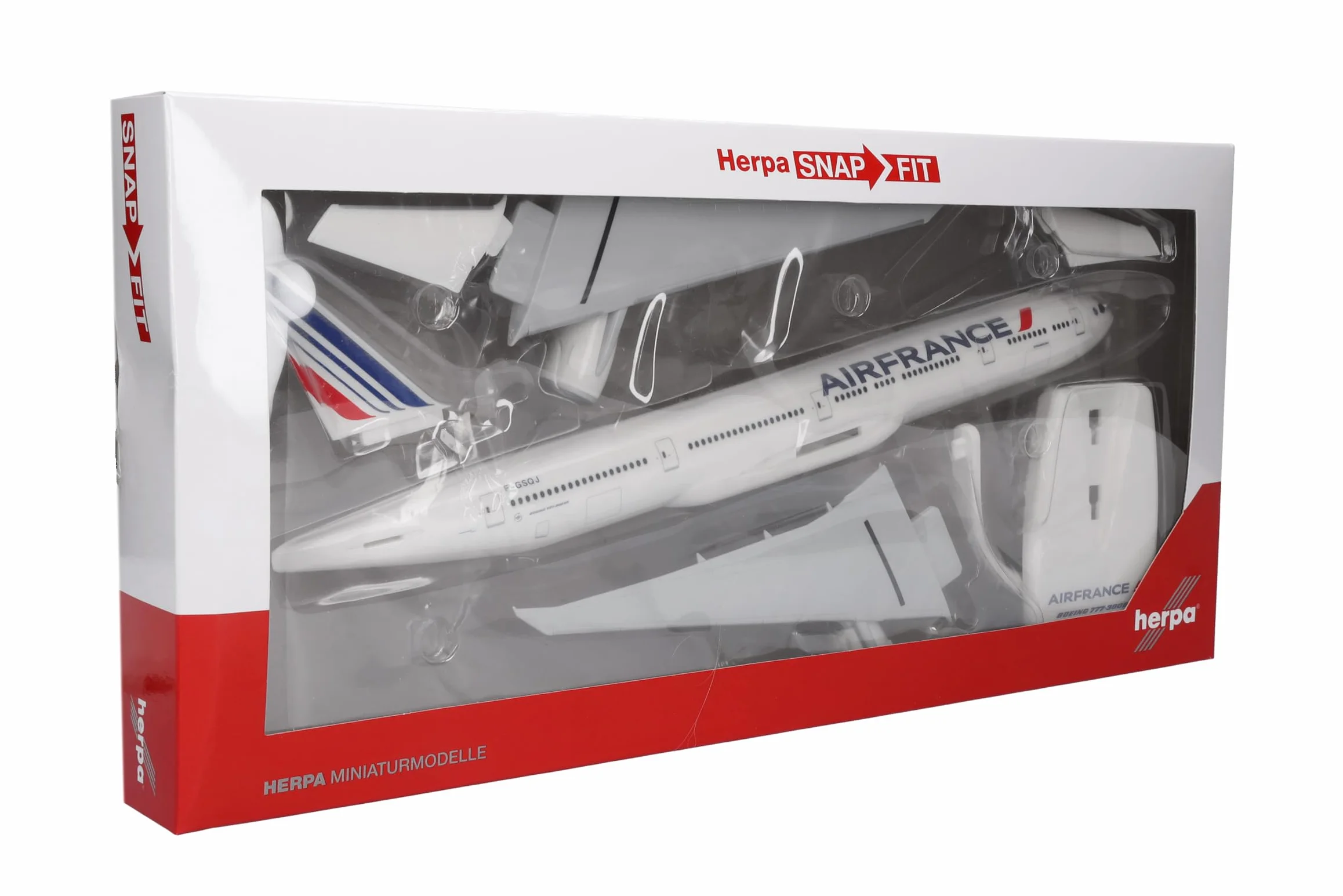 Herpa modello di aereo Air France Boeing 777-300ER - 2021 livery – F-GSQJ "Strasbourg", in scala 1:200 - Snap-Fit, pezzo da collezione, miniatura deco, statuetta con supporto in plastica