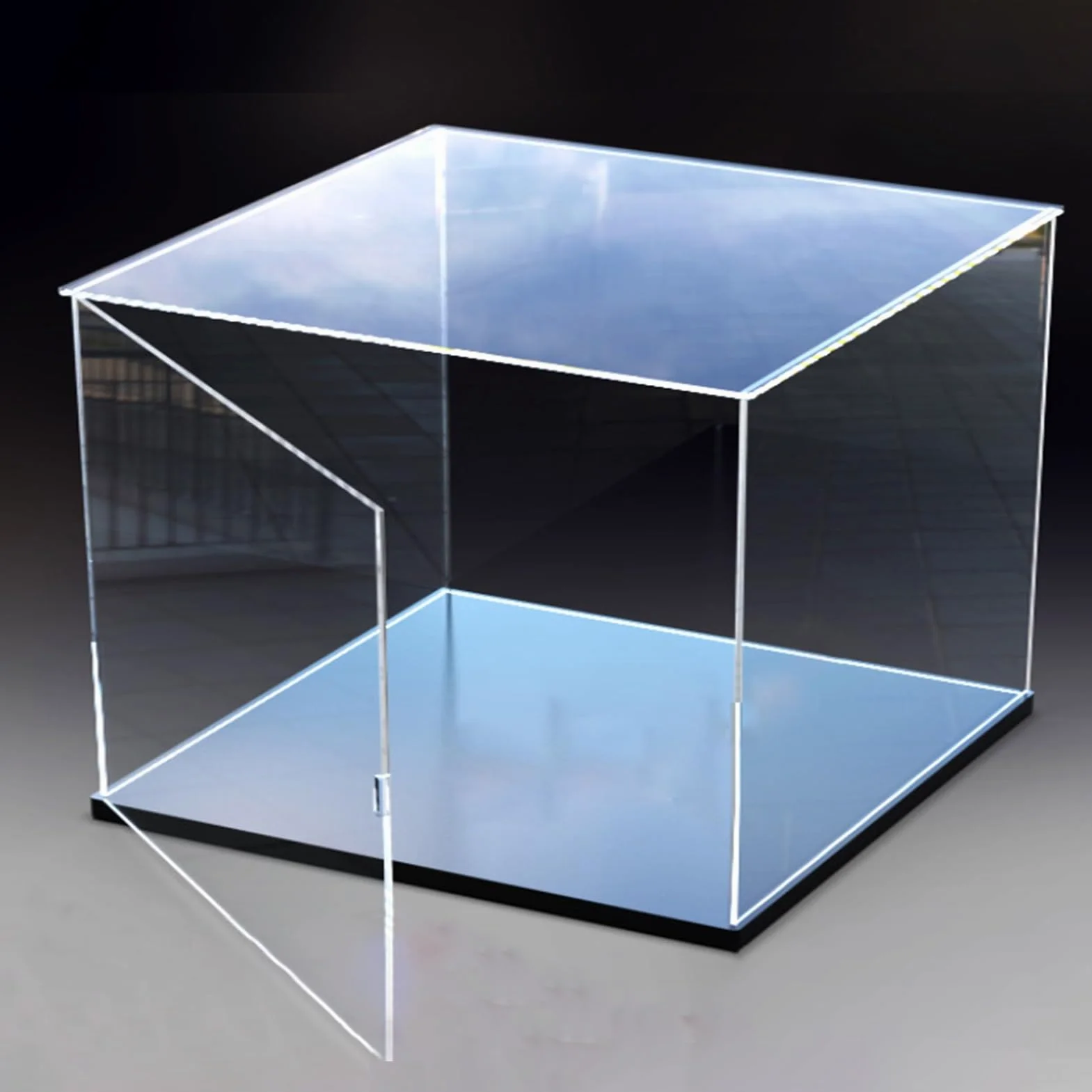 Teca Plexiglass Espositore in Acrilico con Anta, Lunghezza 10-50 cm, Vetrina in Plastica con Design a Specchio, Vetrina Rettangolare Impilabile per Souvenir(L35xW35xH35cm/14x14x14)