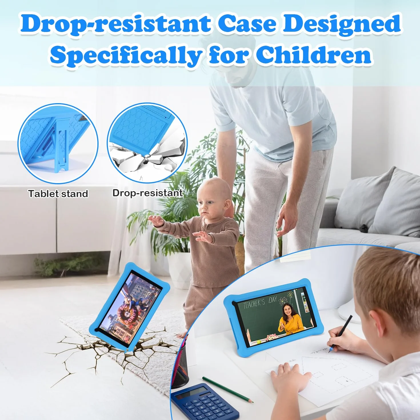 Tablet bambini 7 pollici Android 13, 8GB RAM+64GB ROM(128 GB Espandibile), Controllo Parentale, Display IPS, Doppia fotocamera, WiFi, App Pre-installed, Tablet Educativo con Custodia (Blu)