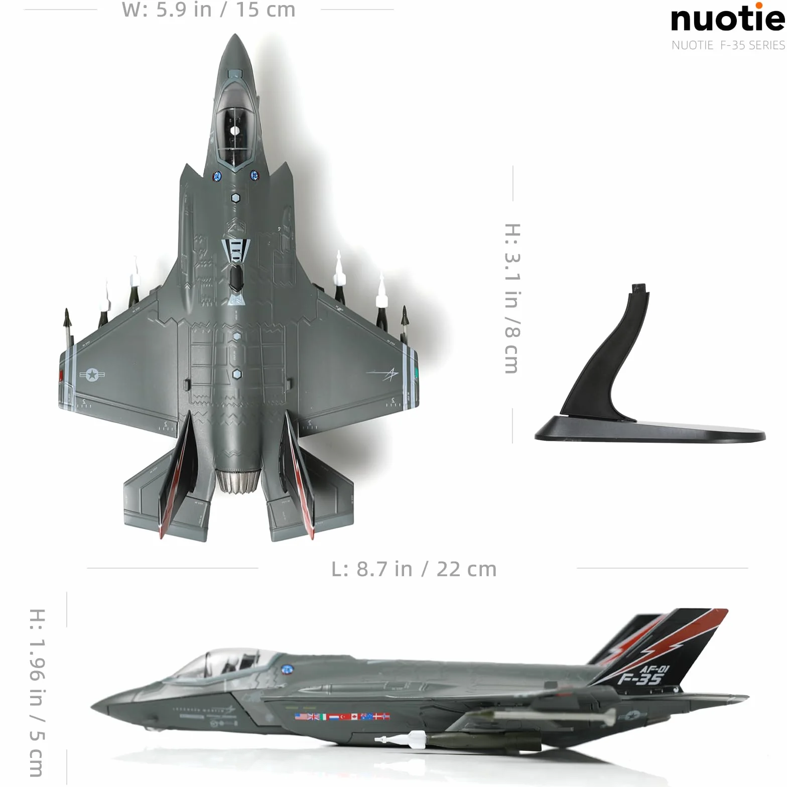 NUOTIE 1/72 F-35A Lighting II Fighter Aircraft Model Fighter U.S. Airforce AF-01 Modello di aereo pressofuso con espositore Squadrone F35A Flight Mode (AF-01) Collezione di modelli regalo per adulti