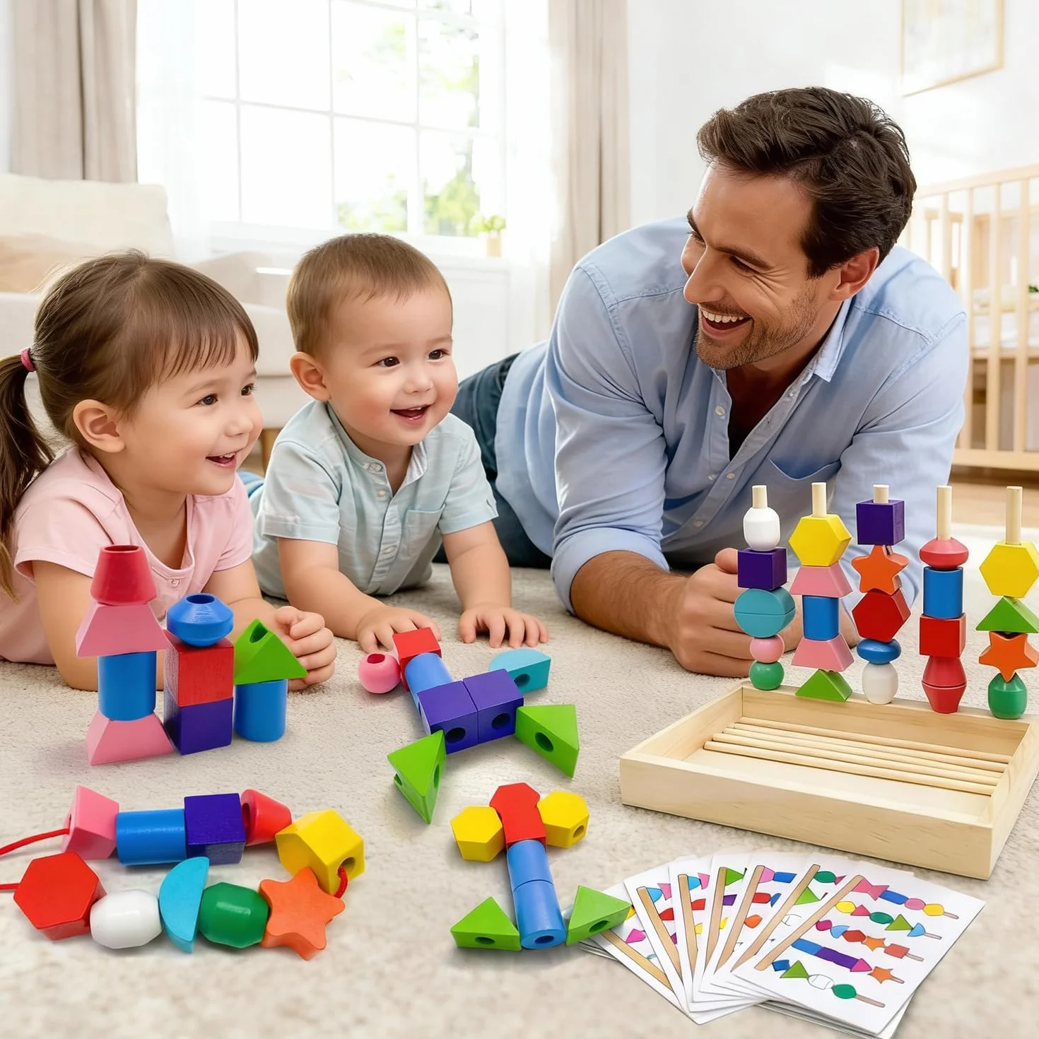 Yeefunjoy Giochi Montessori con Perline di Legno, 3 in 1 Giochi Educativi Legno Ordinamento e Impilamento Giochi, Gioco di infilatura Giocattolo Educativo per Bambini 2 3 4 5 Anno Regalo di Compleanno