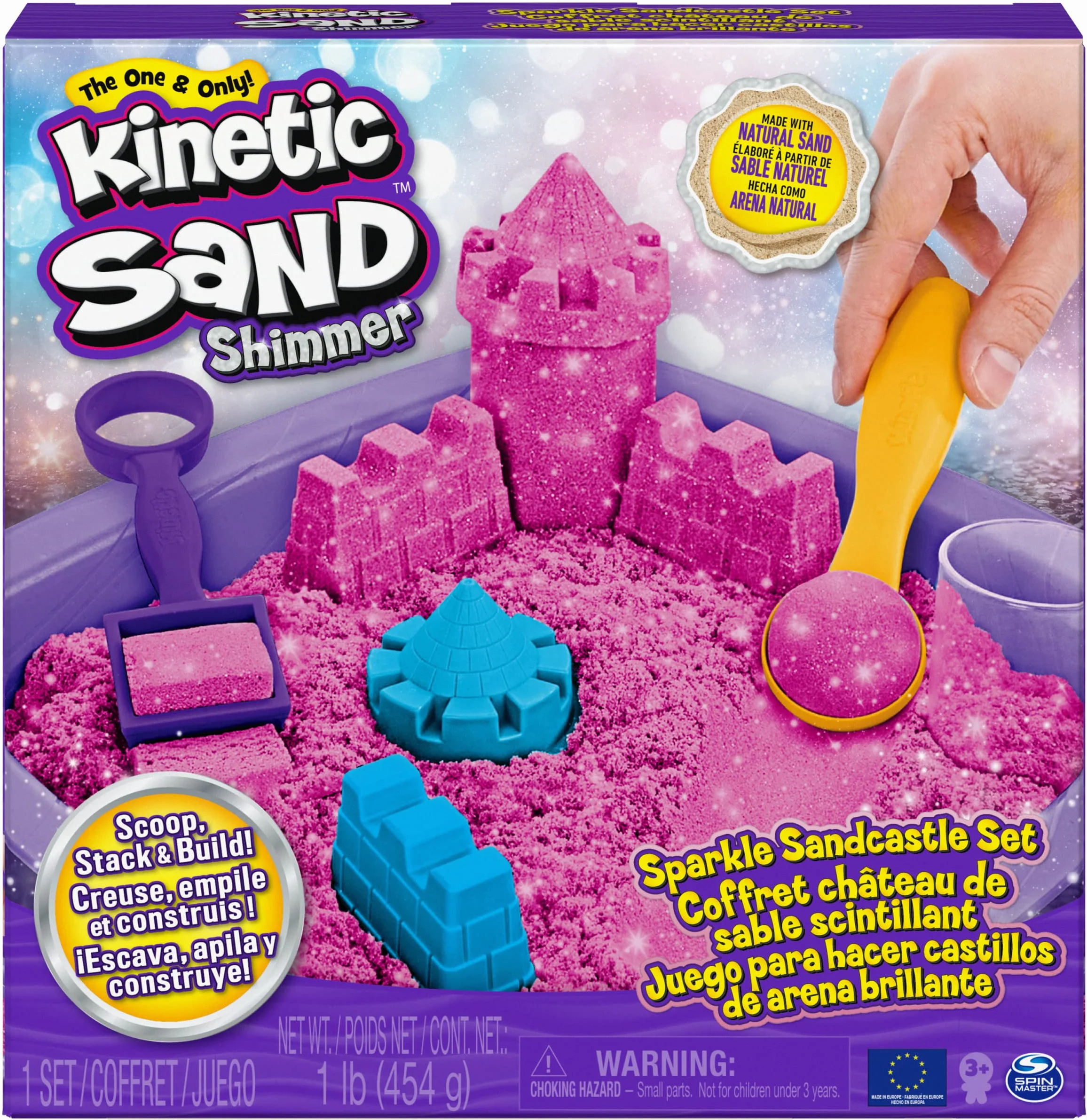 Kinetic Sand, Castello di Sabbia Cinetica Shimmer, 454gr, Glitterata Rosa, 3 accessori e vaschetta inclusi, Giocattoli per bambini e bambine, 3+ anni