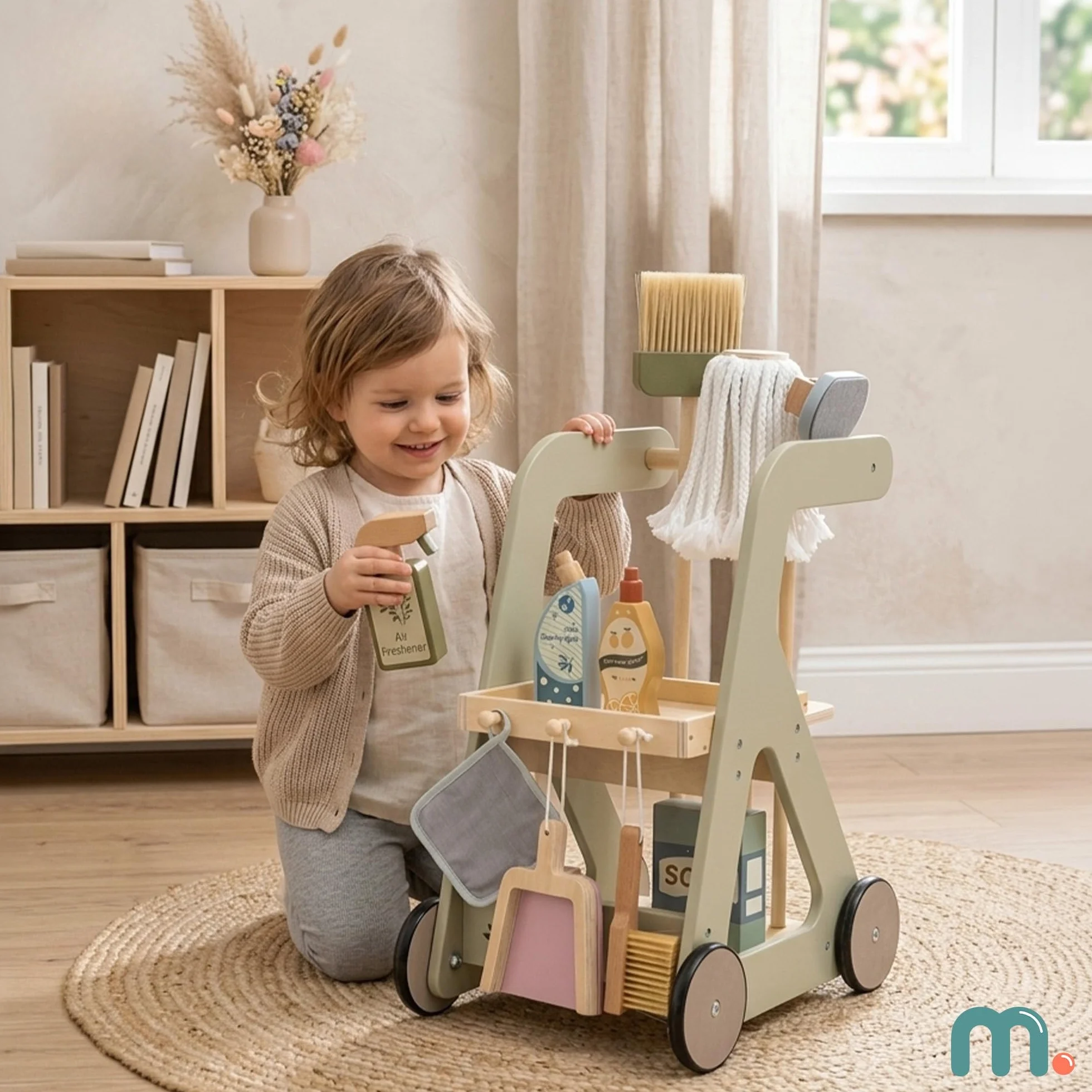 Mamabrum Carrello per la pulizia dei bambini in legno con accessori su ruote set da 11 pezzi giocattolo educativo gioco di ruolo