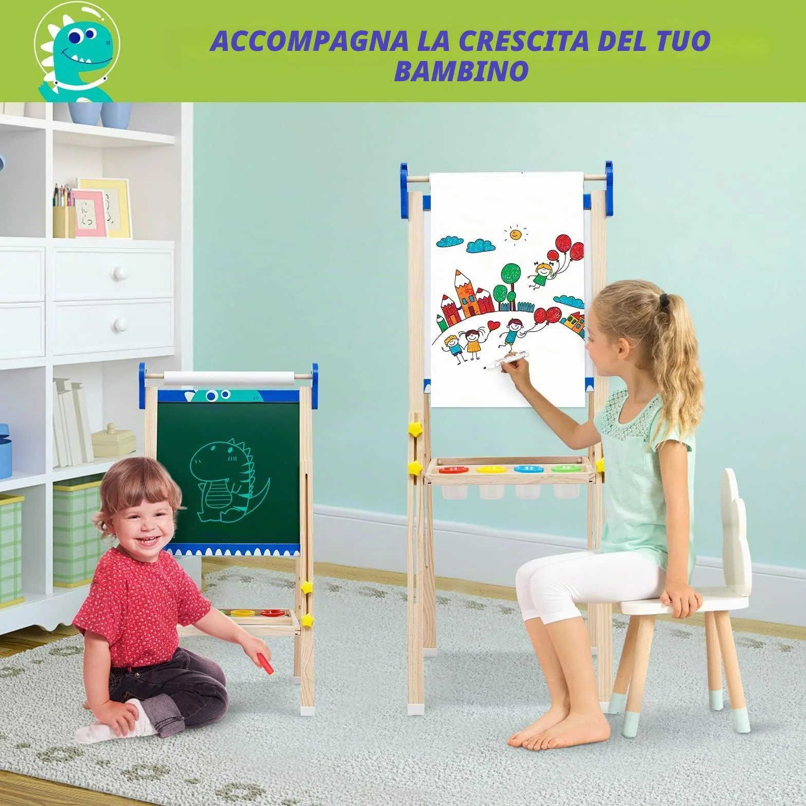 Lavagna Pieghevole per Bambini a Doppia Faccia con Cavalletto Regolabile, Rullo di Carta e Accessori