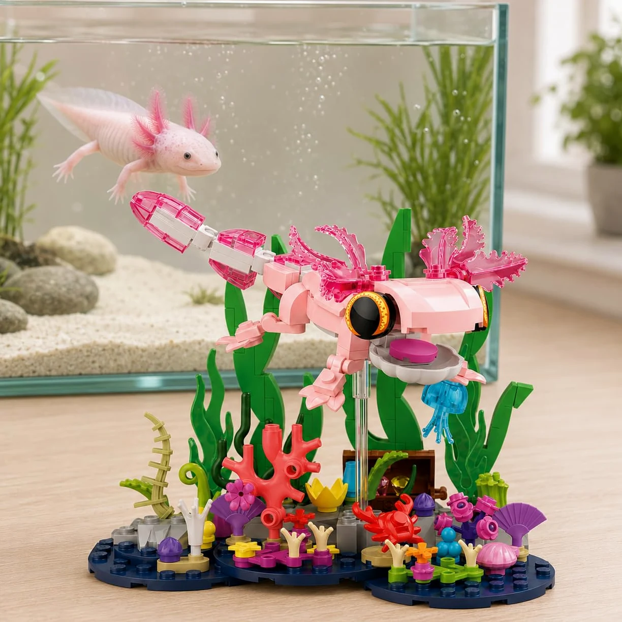 Axolotl Giocattolo da costruzione, carino rosa Axolotl subacqueo acquario | Con Axolotl mobile, scrigno nascosto, scena corallo, idea regalo per compleanno Natale
