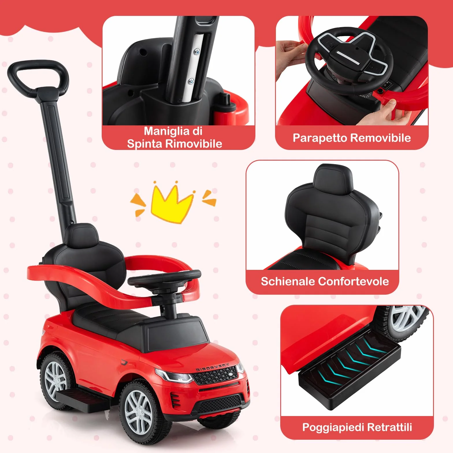COSTWAY 3 in 1 Auto a Spinta, Macchinina a Pedale con Manico Removibile e Paracolpi, Clacson e Suono di Avvio, per Bambini 18-36 Mesi (Rosso)