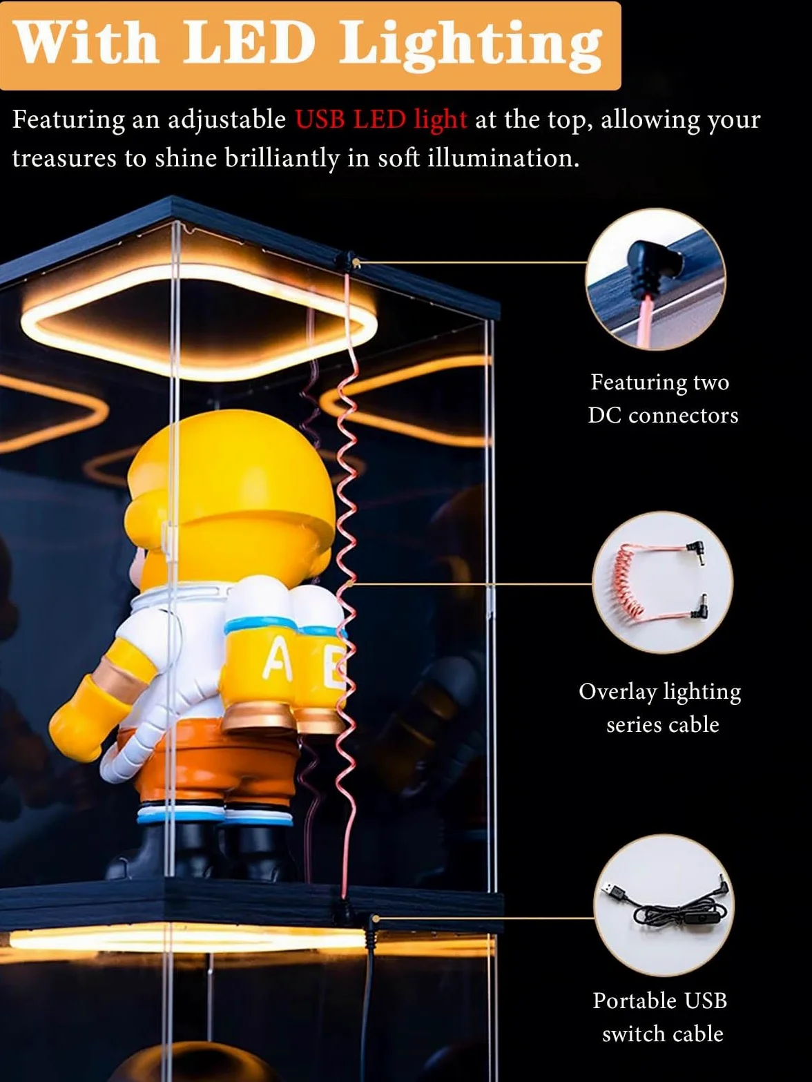 Vetrinetta Espositiva Vetrina con Illuminazione a LED per Action Figure, Contenitori Rettangolari In Acrilico per Giocattoli, Scatola Trasparente Impilabile e Antipolvere(35x15x25cm(14"x6"x10"))