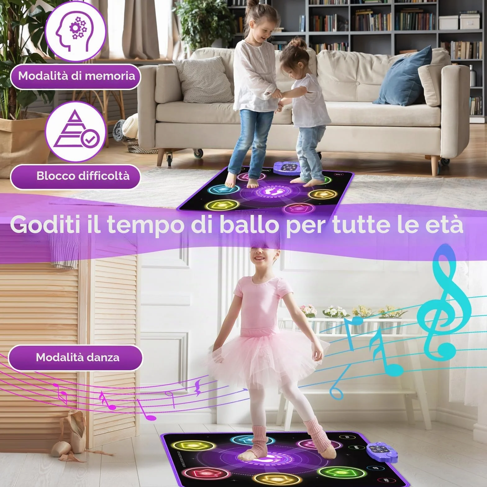 GuKKK Tappetino da Ballo con 6 LED e Bluetooth per Bambini 3-10+ Anni