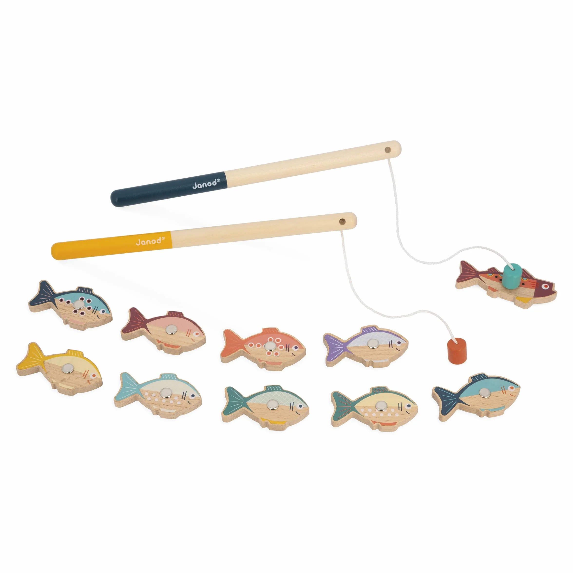 Janod Gioco di Pesca con Canna in Legno 2 Canne 10 Pesci 1-2 Giocatori Educativo dai 2 Anni
