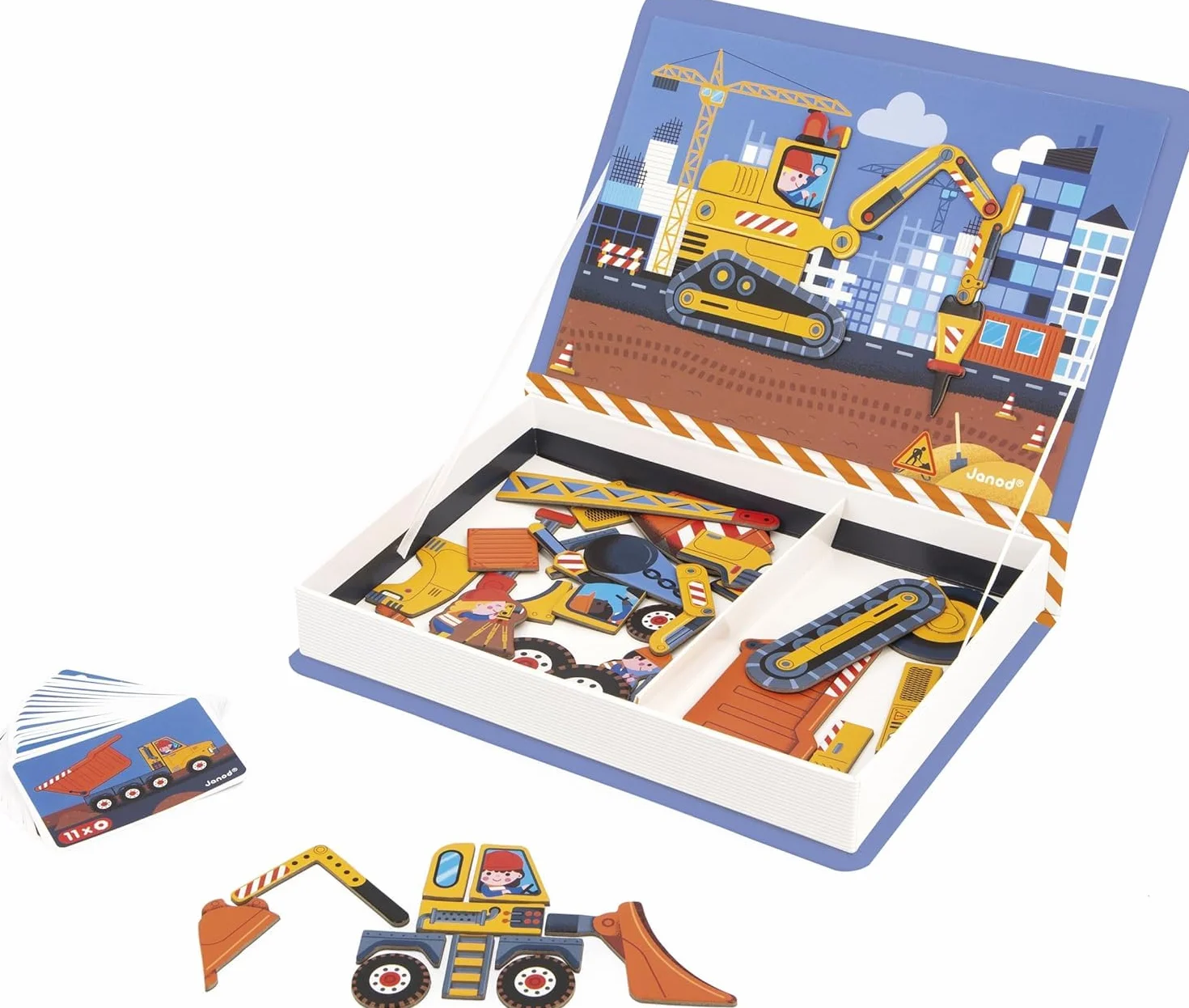 Janod Magnéti'Book Véhicules du Chantier, Gioco Magnetico educativo 50 magneti + 18 Modelli, Giocattolo in Cartone FSC per Bambini, Sviluppa la destrezza e l'immaginazione, da 3 Anni, J02526
