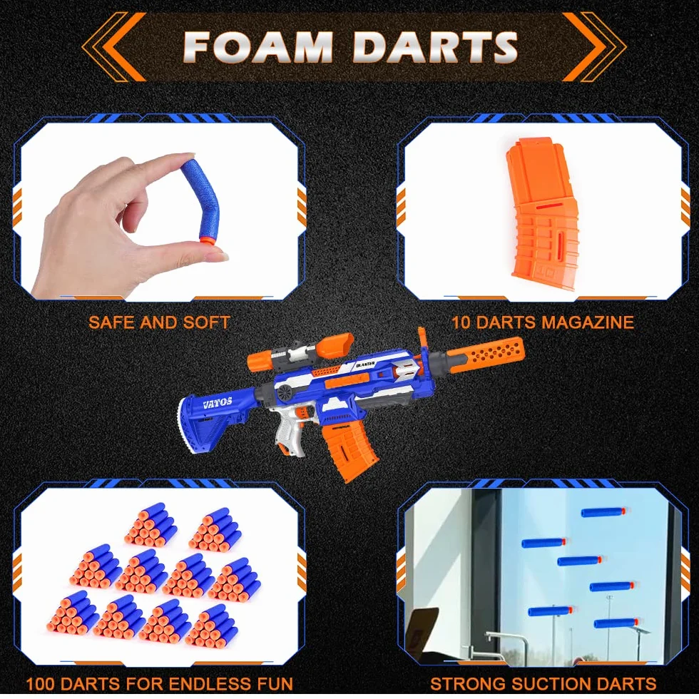 VATOS Pistola Elettrica Schiuma con 100 Dardi, Fucile Sniper Automatico 7 Stili DIY + Mirino, Giochi di Tiro 9-15m per Bambini 6-12 Anni & Adulti