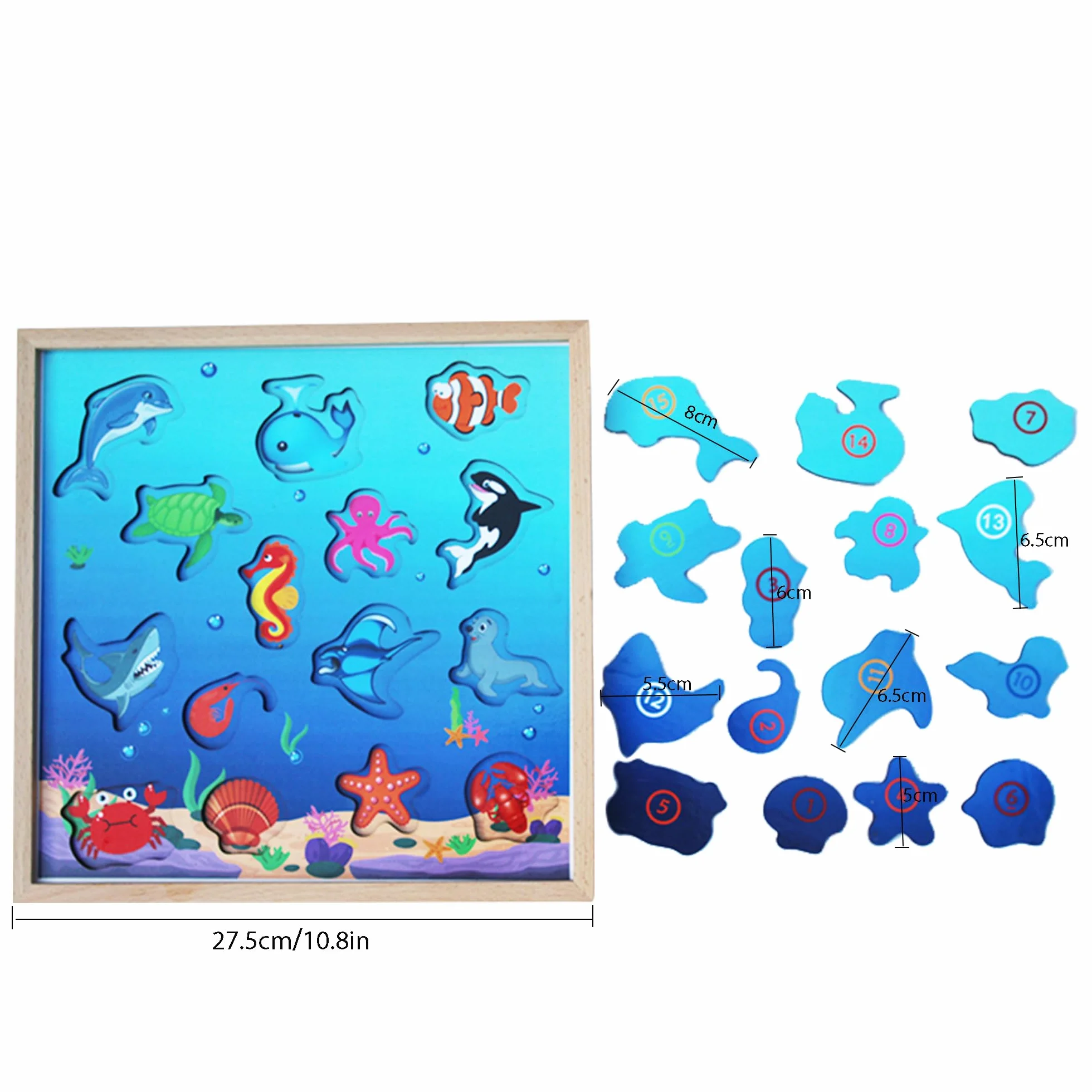 TOWO Gioco da Pesca in Legno Magnetico – include 15 Sagome in Legno con Calamita e due Canne da Pesca – Divertente Puzzle Gioco e Apprendimento Catena Alimentare – Per Bambini di 3 Anni