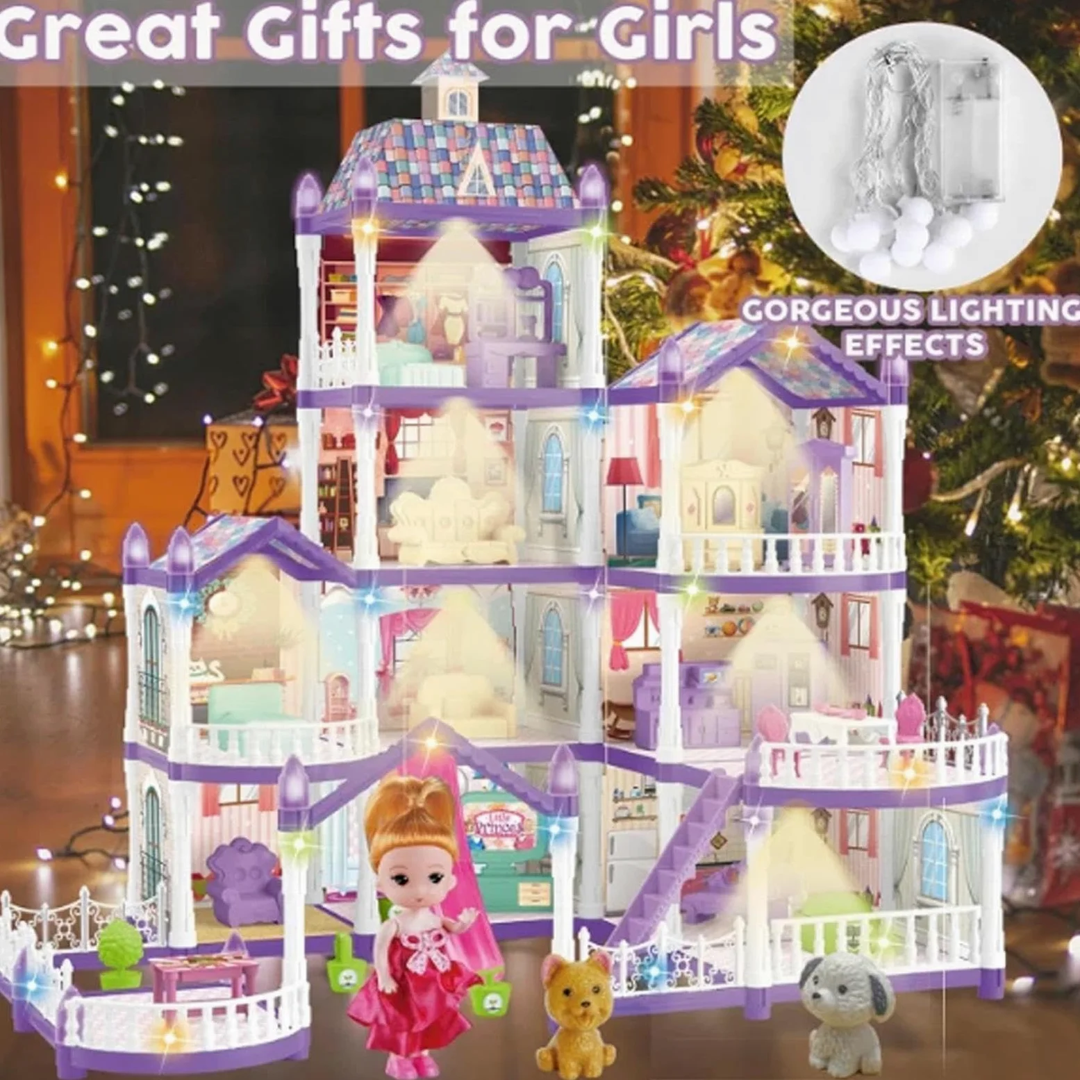 Casa delle Bambole per Ragazze 4 Piani 13 Stanze Villa Miniatura Da Montare | Villa con 3 Principesse, 2 Cuccioli e Arredamento Per Bambine 4-6 di Ruolo Indoor Regalo per Feste