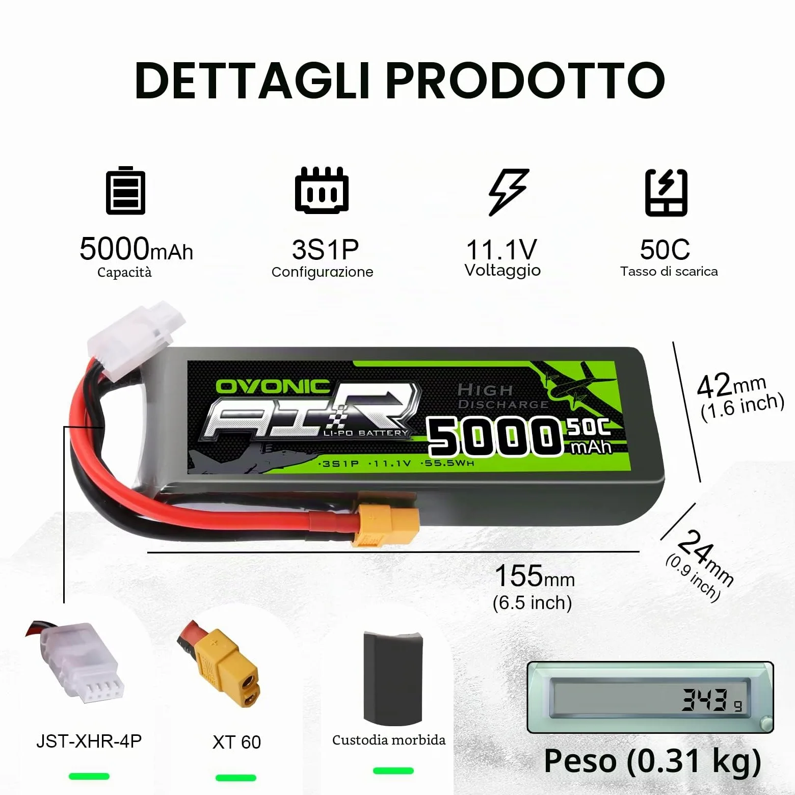 OVONIC 3S Batteria Lipo 50C 5000mAh 11.1V LiPo RC batteria con connettore XT60 per RC Auto Boat Truck Heli Aereo Quadcopter elicottero Multispotore Hobby（2 packs）