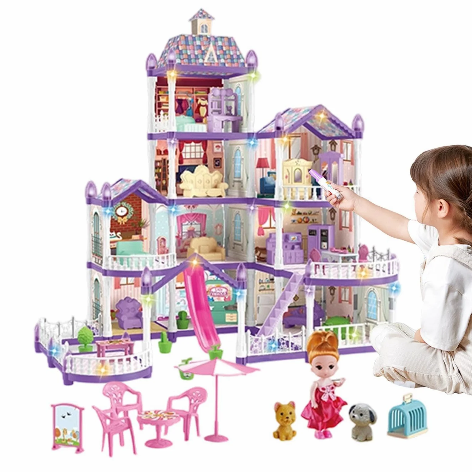Casa delle Bambole per Ragazze 4 Piani 13 Stanze Villa Miniatura da Montare | Con 3 Principesse E 2 Cuccioli, Arredamento E Set Per Bambini Per Bambine 4-6 Anni di Imitazione