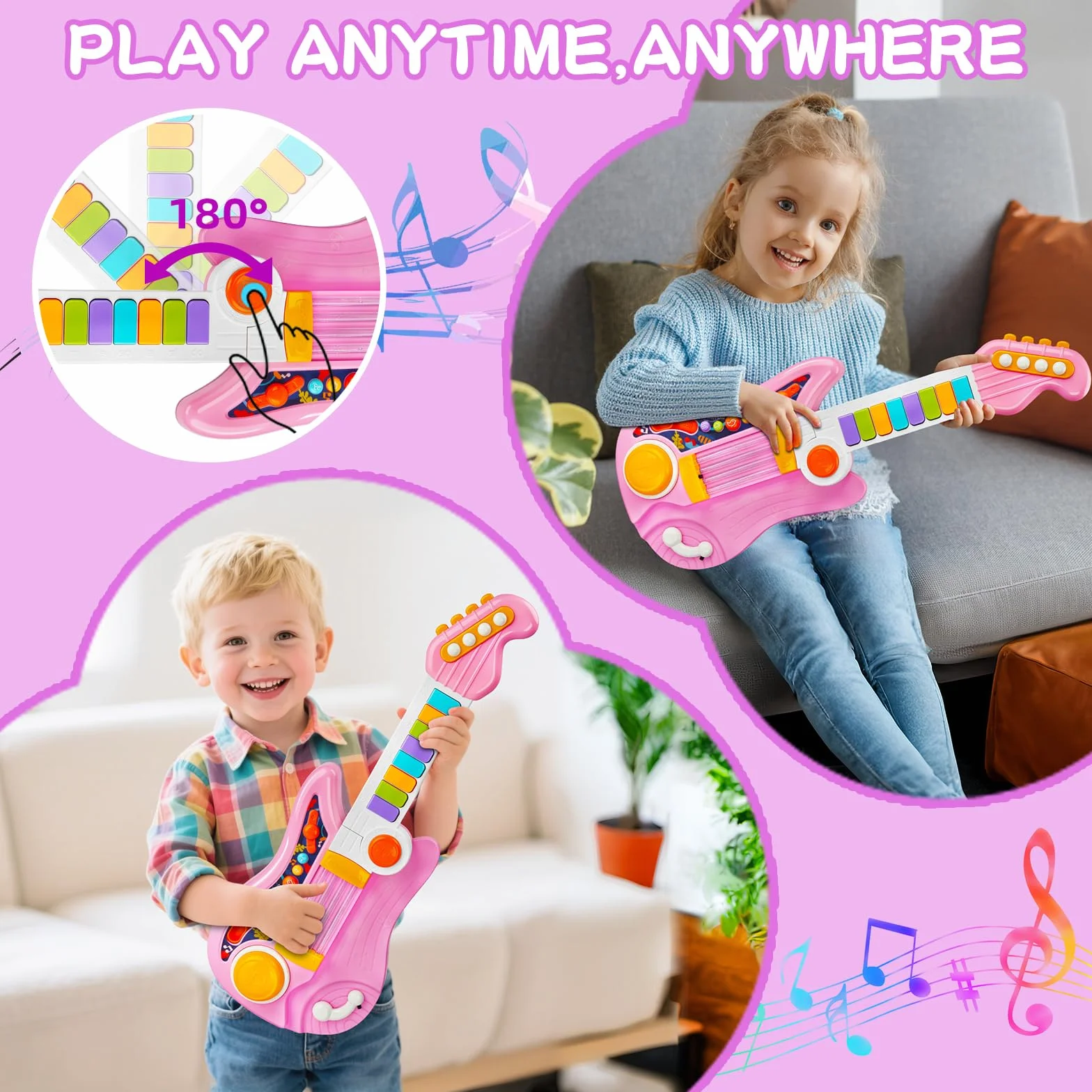 Chitarra Giocattolo Musicale per Bambini 4 Modalità con Canzoni Luce e Cinghia dai 12 Mesi+