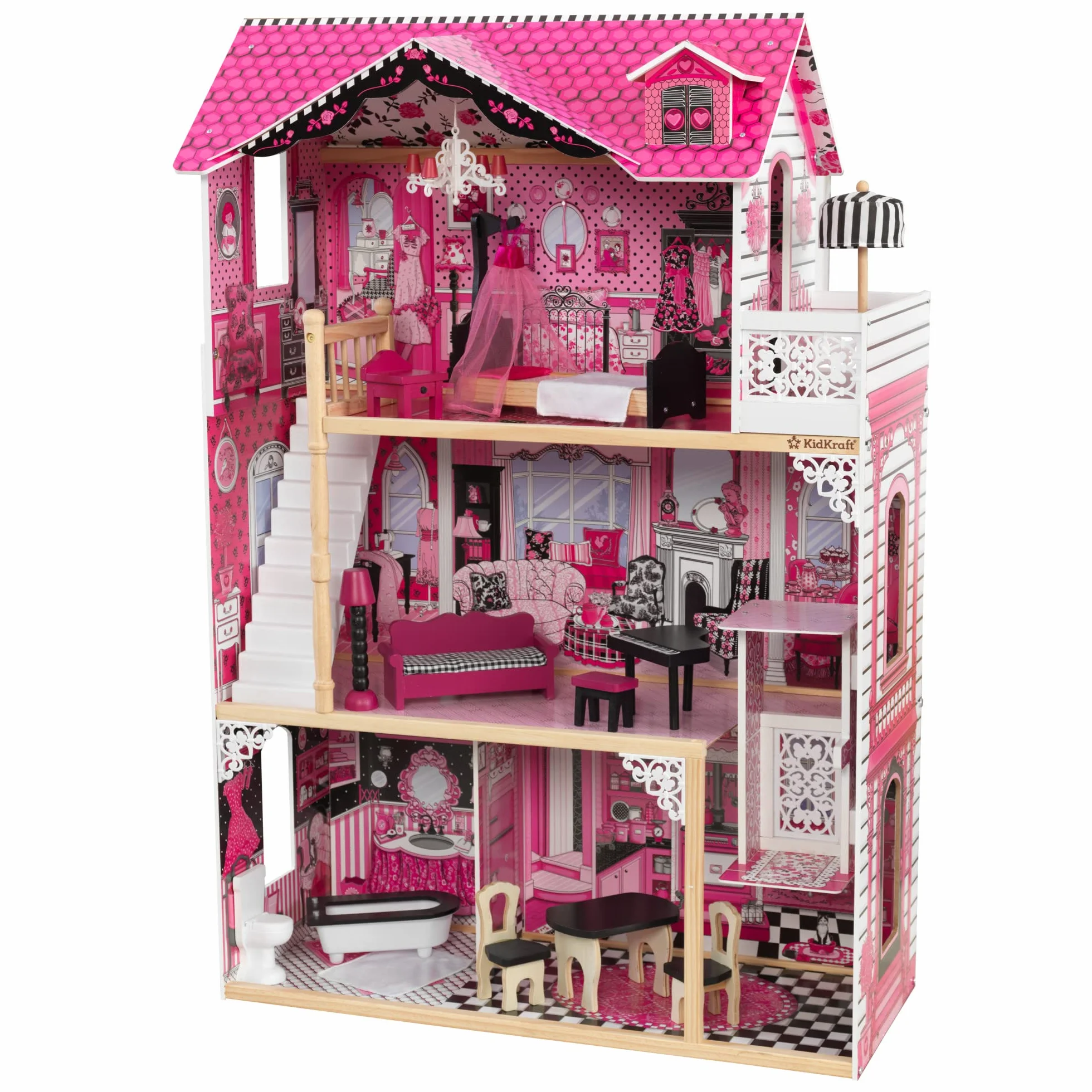 KidKraft Casa delle Bambole in Legno Amelia con Accessori e Mobili inclusi, Casa a 3 Livelli di Gioco con Ascensore per Bambole di 30 cm, Giocattolo per Bambini 3+ Anni, 65093