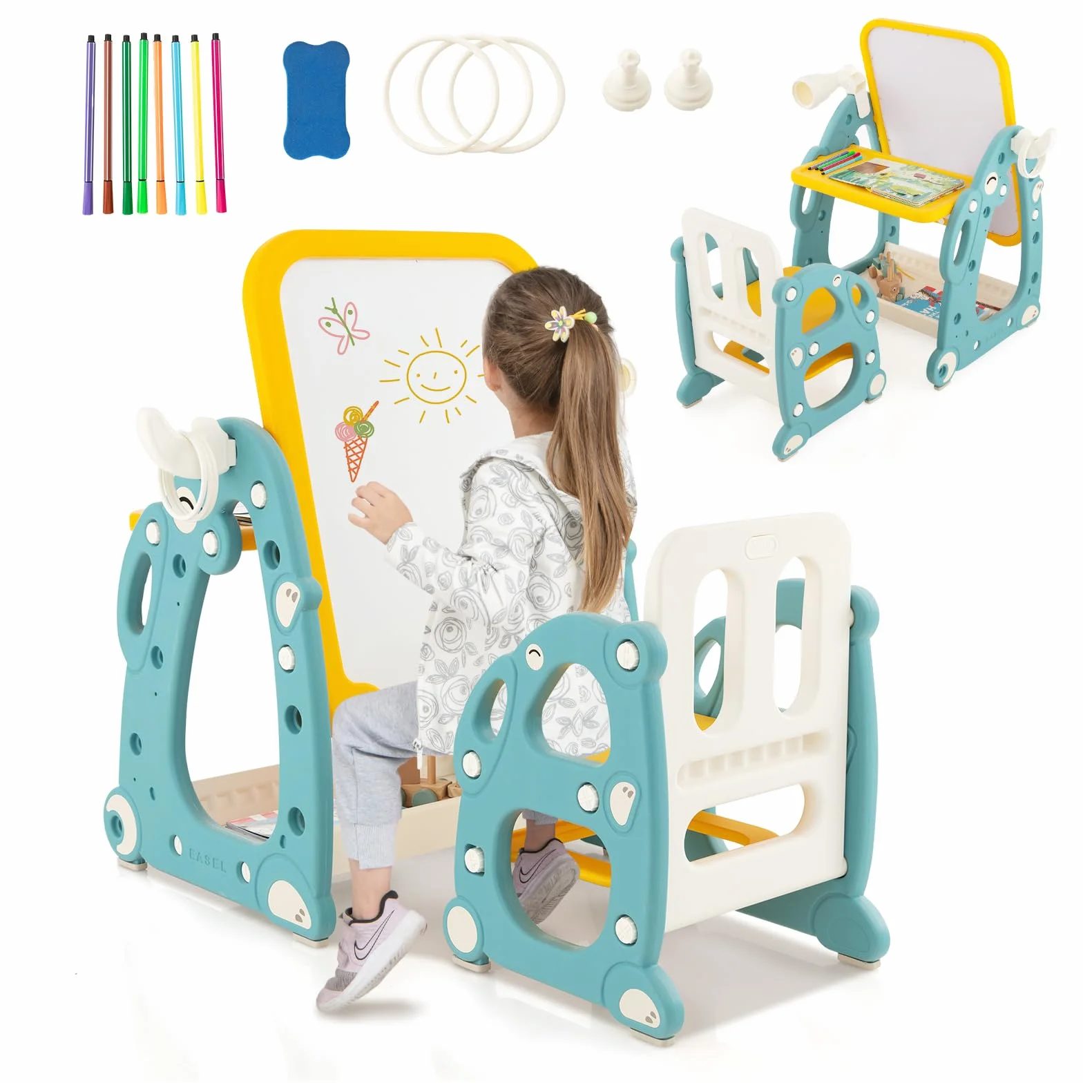 HOMASIS Cavalletto da pittura per bambini con sedia, lavagna per bambini ad altezza regolabile, tavolino multifunzione e salvaspazio, con penne, gomma per lavagne bianche, blu e giallo