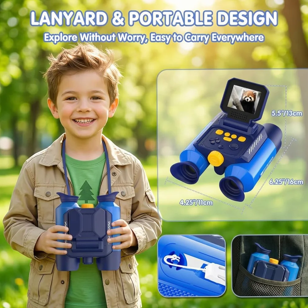 Binocolo per Bambini con Zoom Ottico 10x e Fotocamera - Foto 48 MP e Video in 1080P, Visione Notturna 25 m, Adatto dai 3 Anni in su, Ideale per Osservazione Animali e Natura | Blu Scuro