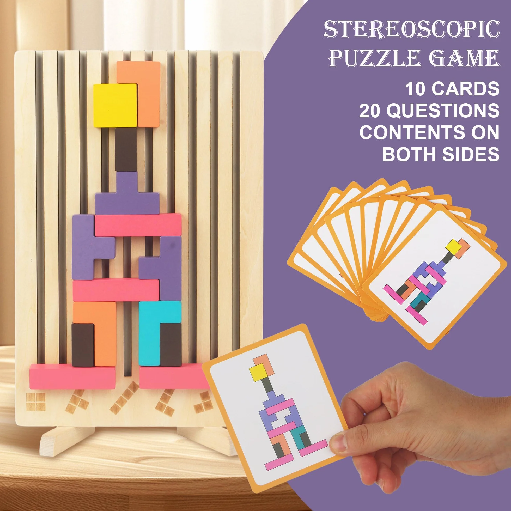 Gioco Impilabile in Legno Tetris, Giocattoli Educativi, con 10 Carte, Intelligenza Jigsaw, Puzzle Bambini 3 4 5 6 Anni, Colorato Blocchi Geometrici Tetris, Regalo Educativi