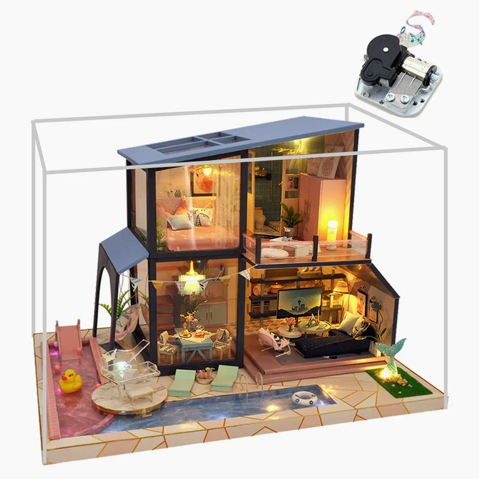 Edificio Moderno Kit di Assemblaggio Fai da Te per Casa delle Bambole Kit per Casa delle Bambole in Miniatura in Legno Carillon con Copertura Antipolvere Miniature da Costruire