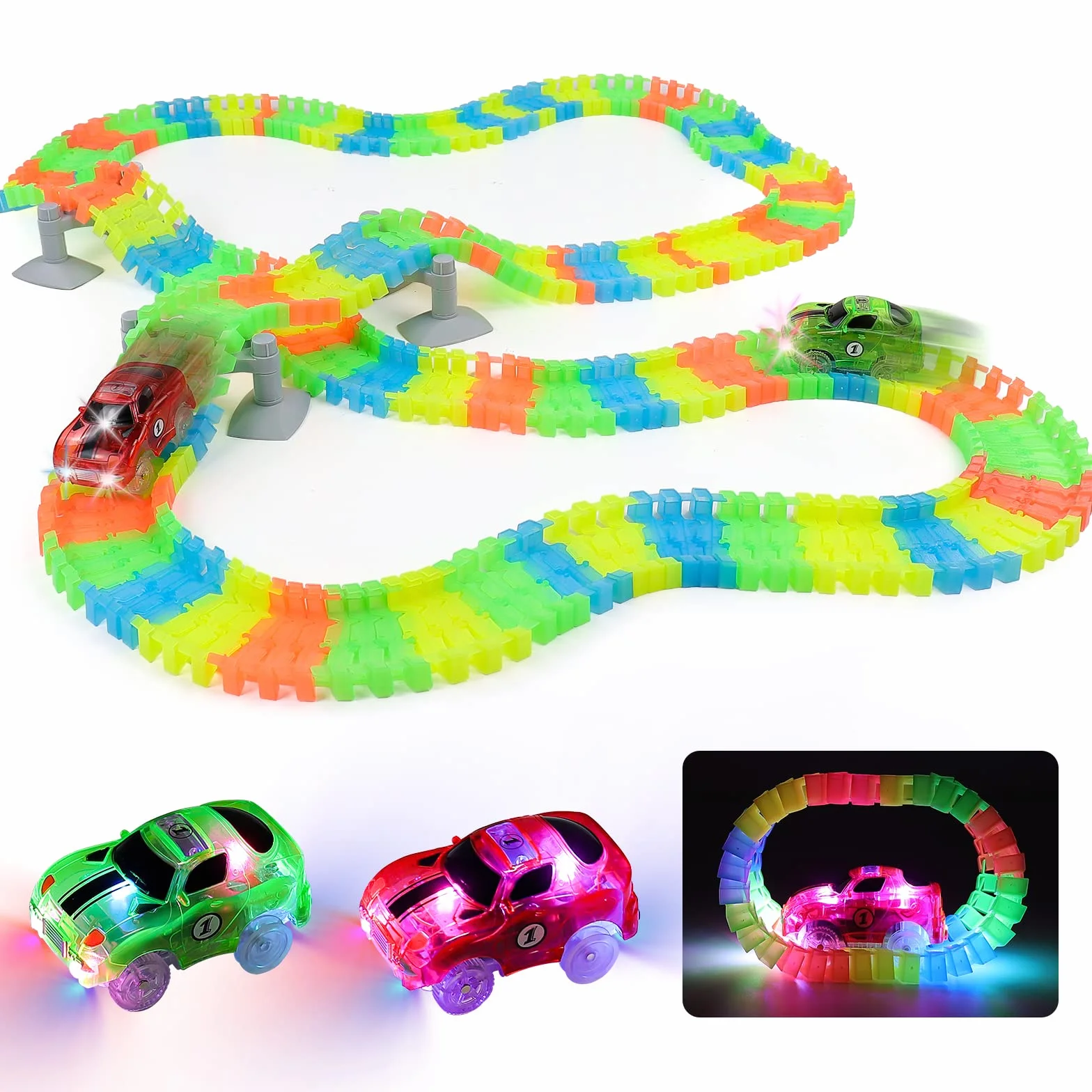 Giochi Bambini 3 Anni Pista Macchinine per Bambini - Giochi Bambino 3 Anni con 240 Pezzi Luminosa Flessibile Pista Macchinine e 2 LED Cars Macchinine Regalo Bambino Bambina 3 4 5 Anni Maschio