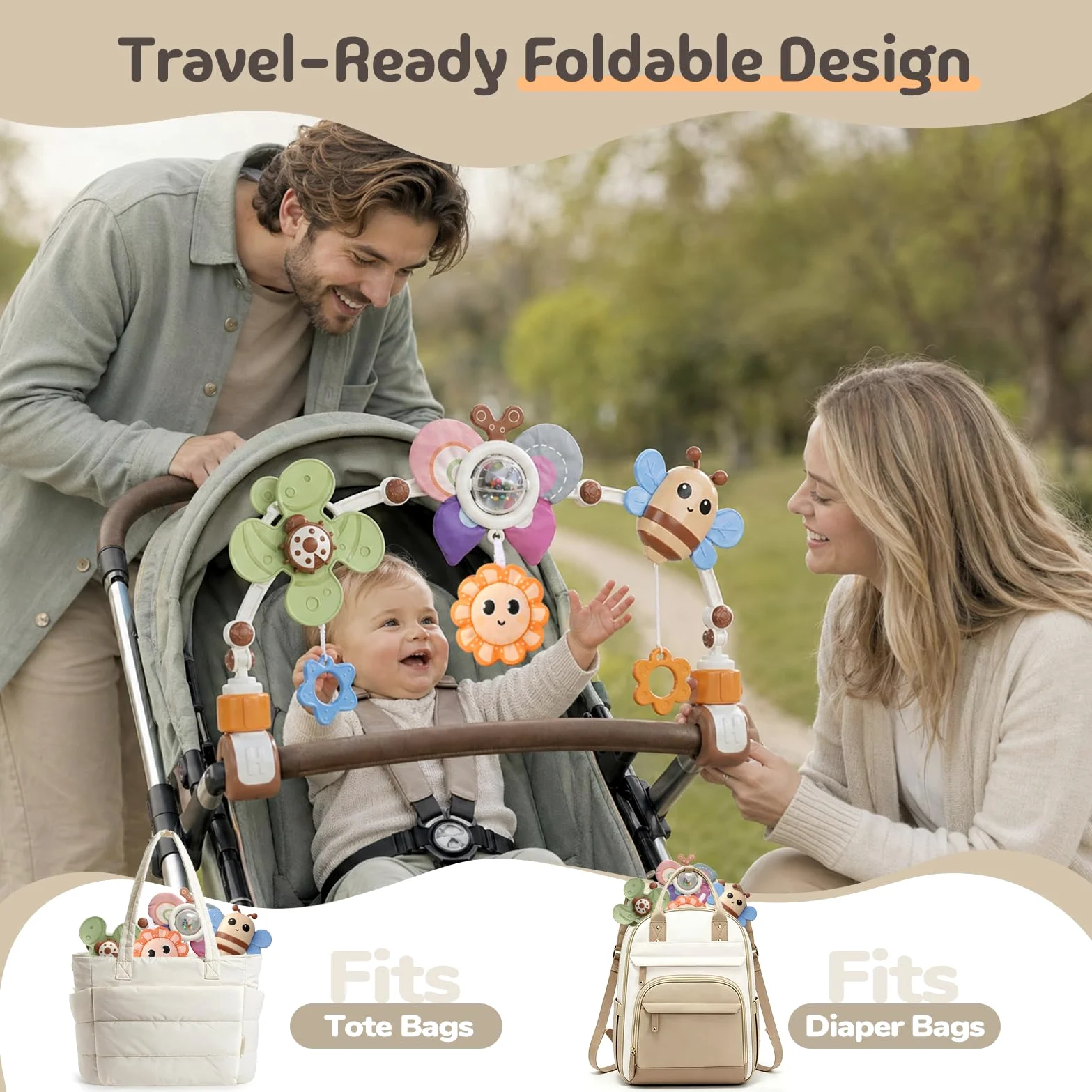 GONINO Passeggino e seggiolino auto giocattoli regolabili da appendere con massaggiagengive e squittio, giocattoli sensoriali per culla e culla, regali per bambini da 0 a 12 mesi