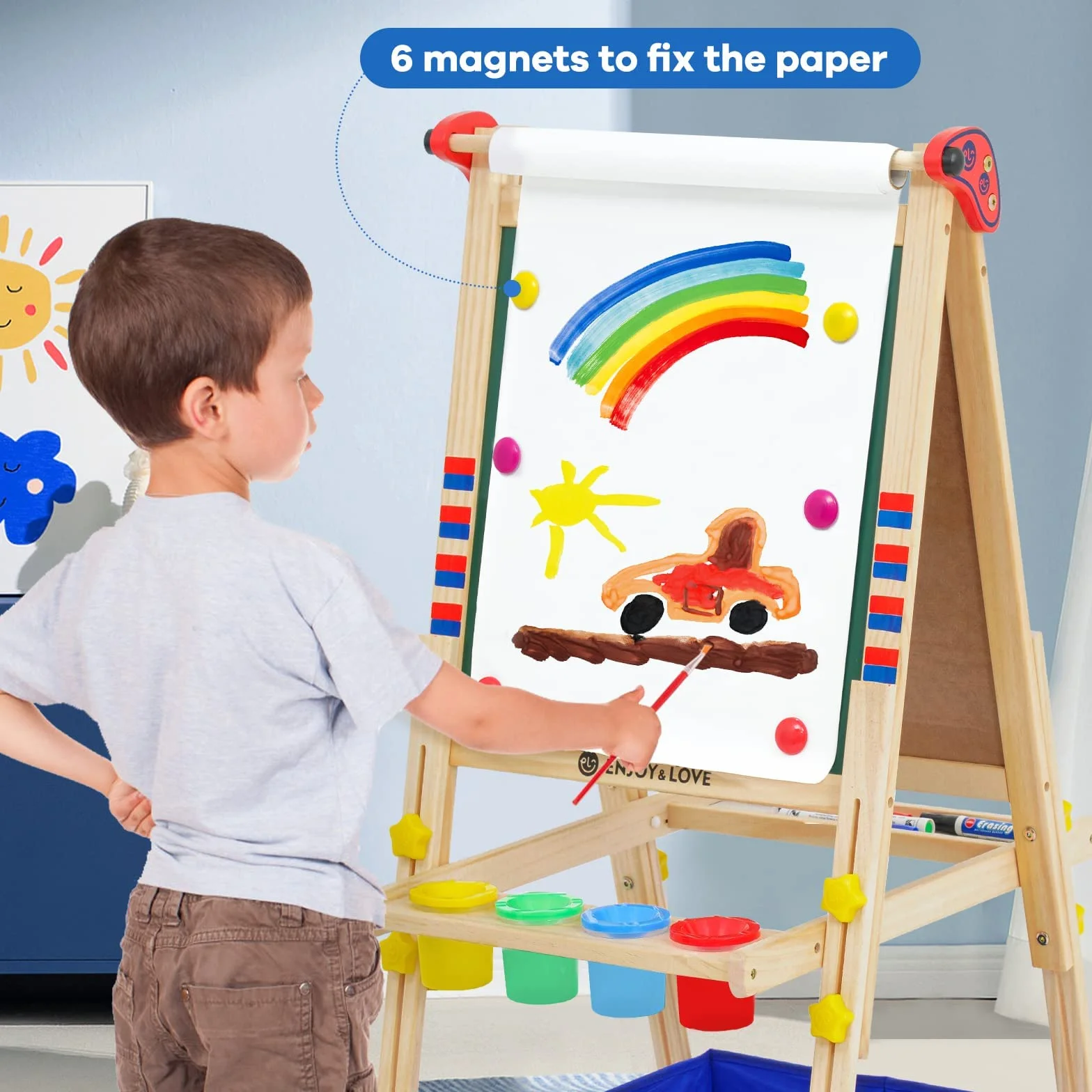 Lavagna da gioco per bambini in legno, cavalletto 3 in 1, regolabile in altezza con rotolo di carta, lavagna, adesivi per cartoni animati e 4 ciotole per colorare ricchi accessori (forma robotica)