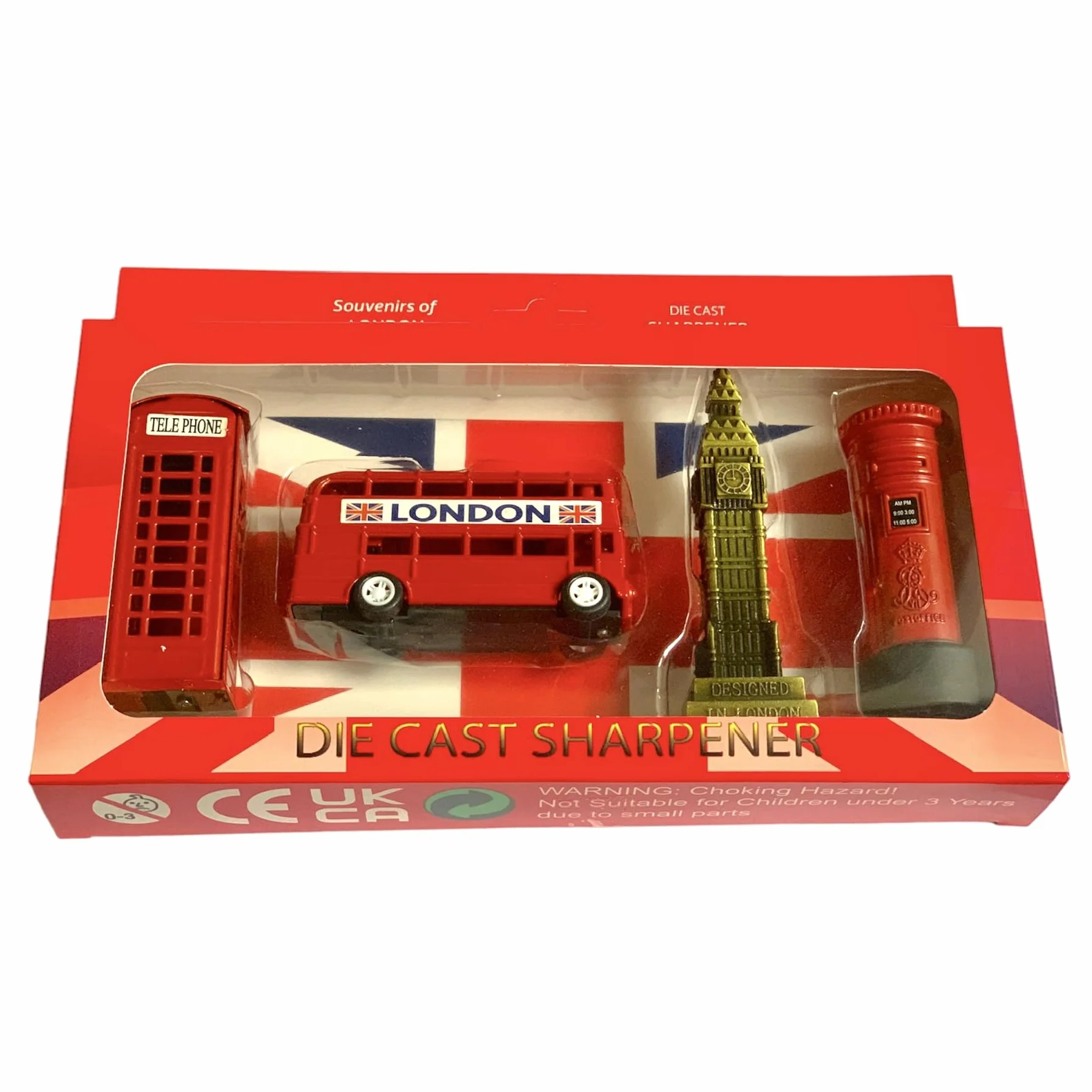 London Souvenir - Set di temperamatite (confezione da 4), Big Ben, autobus, cabina telefonica e cassetta postale, regalo per bambini, materiale scolastico, set regalo di temperamatite pressofuso da