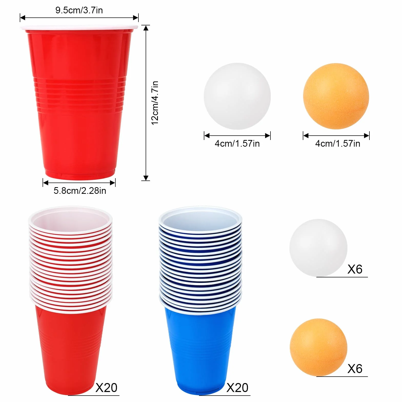 Beer Pong, 40 Beer Pong (20 Rosse e 20 Blu) + 12 Palline, 500ML Riutilizzabil Plastic Party Cups, Tazze da Festa per Giochi di Bevute,Festa di Natale Divertimento e Gioco