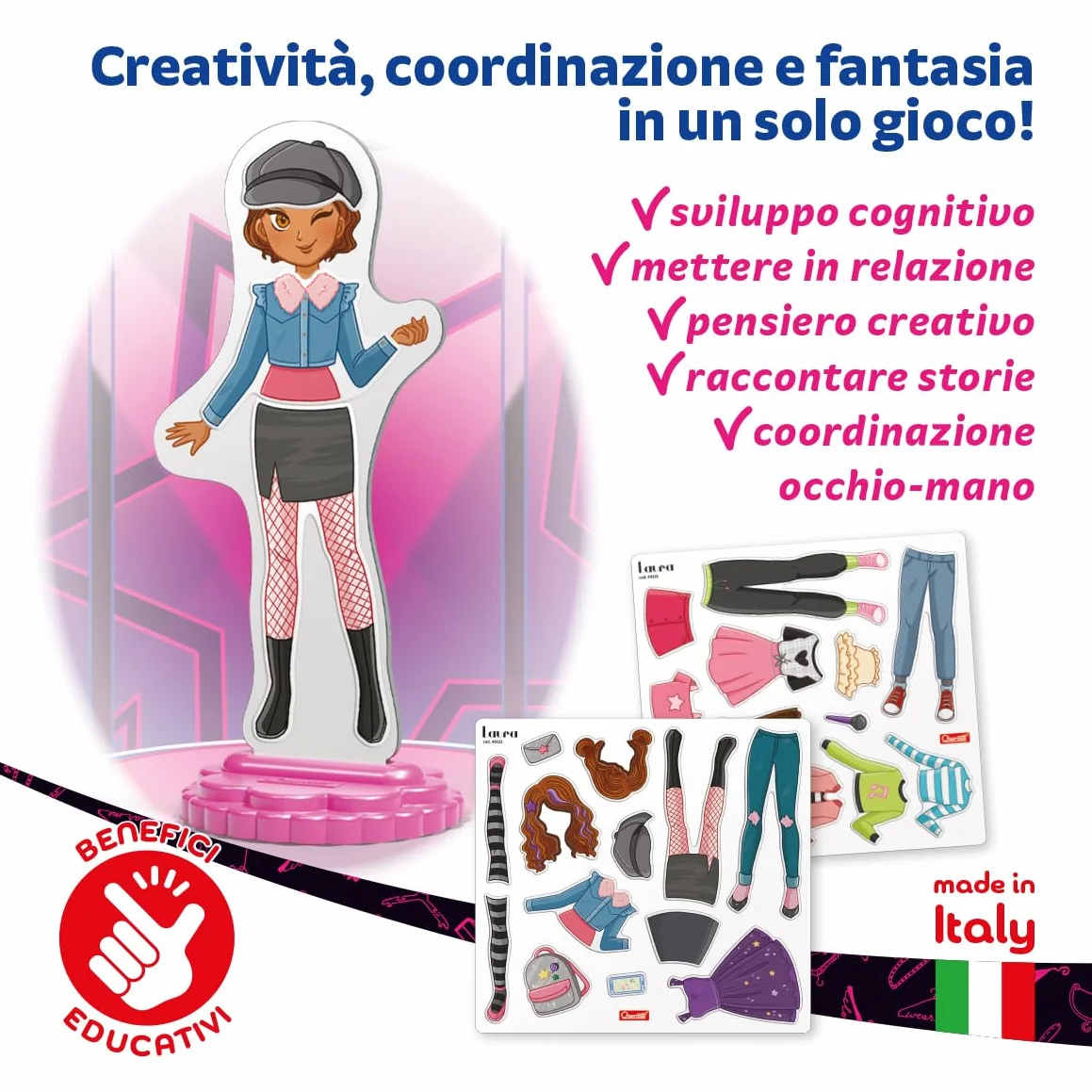 Quercetti Magnetic Fashion Laura, Costruzioni magnetiche Bambina 5+ Anni con Bambolina da Vestire e 29 Abiti, Giochi Creativi Bambina 6 Anni, Regalo Bambina 6 Anni, Giochi da Tavolo Bambini