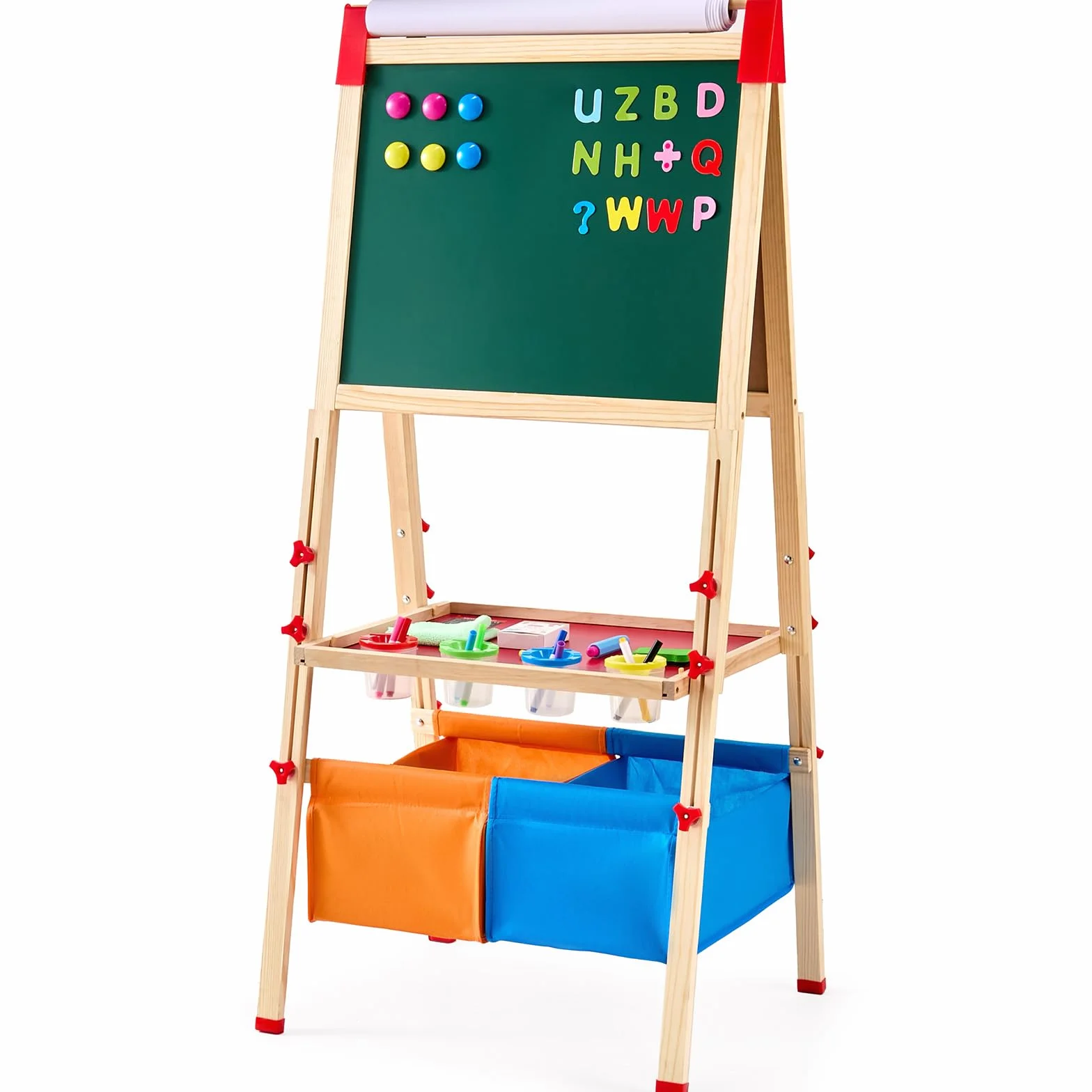 VEVOR Cavalletto da Arte per Bambini 3 in 1, Legno Doppia Faccia con Lavagna Magnetica e Rotolo di Carta, Tavolo da Disegno Regolabile