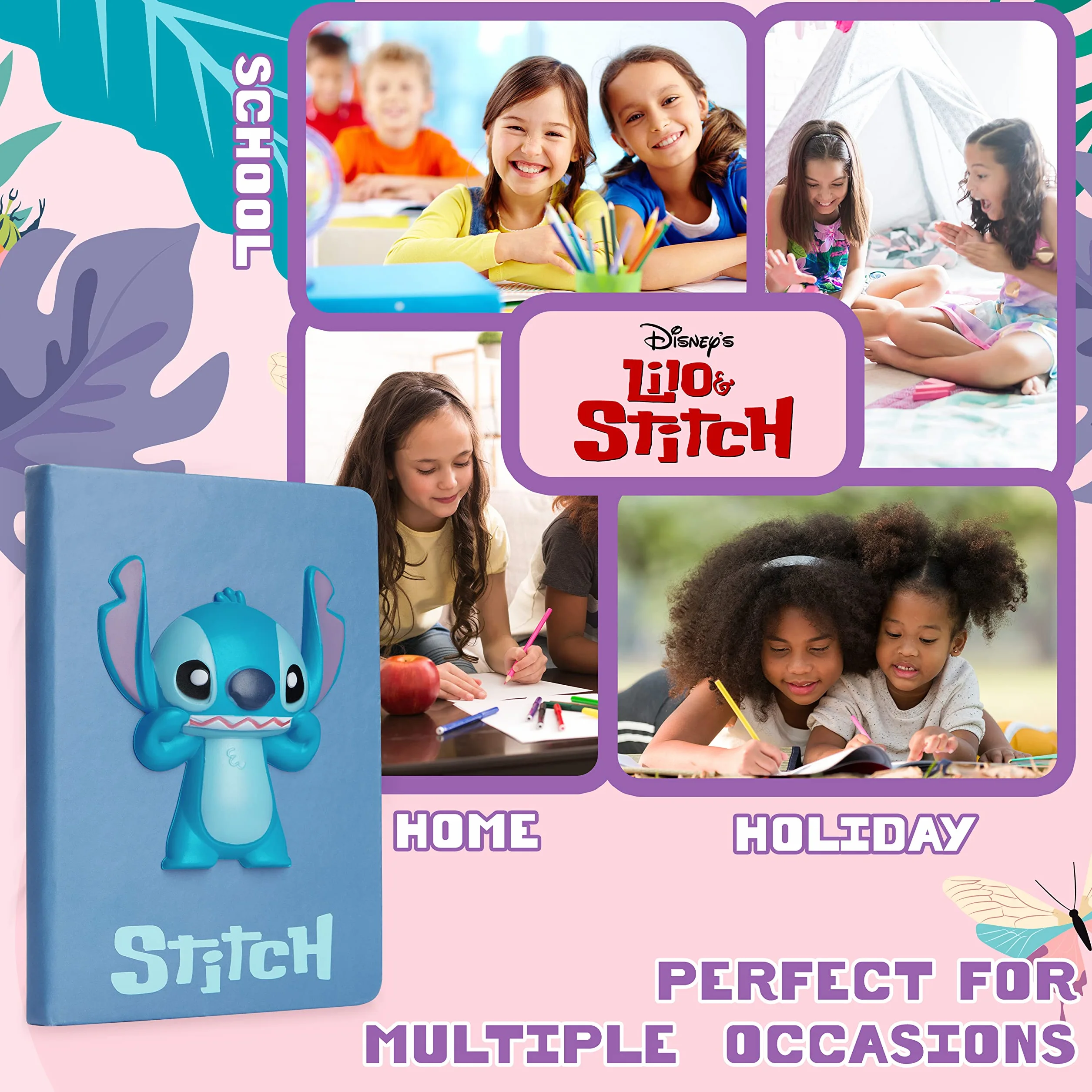 Disney Stitch Taccuino A5 e Penna Biro o Diario Lucchetto e Penna a Sfera Set Cancelleria Ufficio Scuola Regali Bambina (Blu 3D)