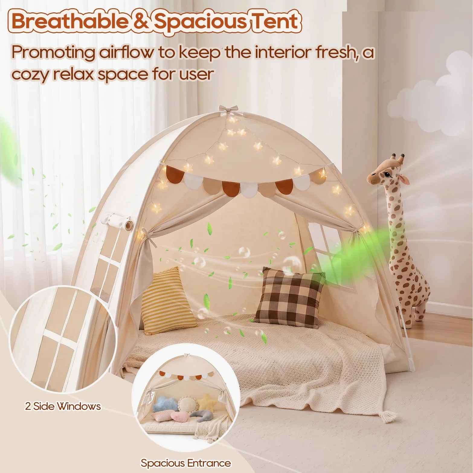 Tenda da Letto per Interni, Casetta da Gioco Pieghevole da Pavimento con Bandierine Decorative e Finestre Traspiranti, Baldacchino per la Privacy in Camera da Letto (Crema, 196 x 98 x 125 cm)