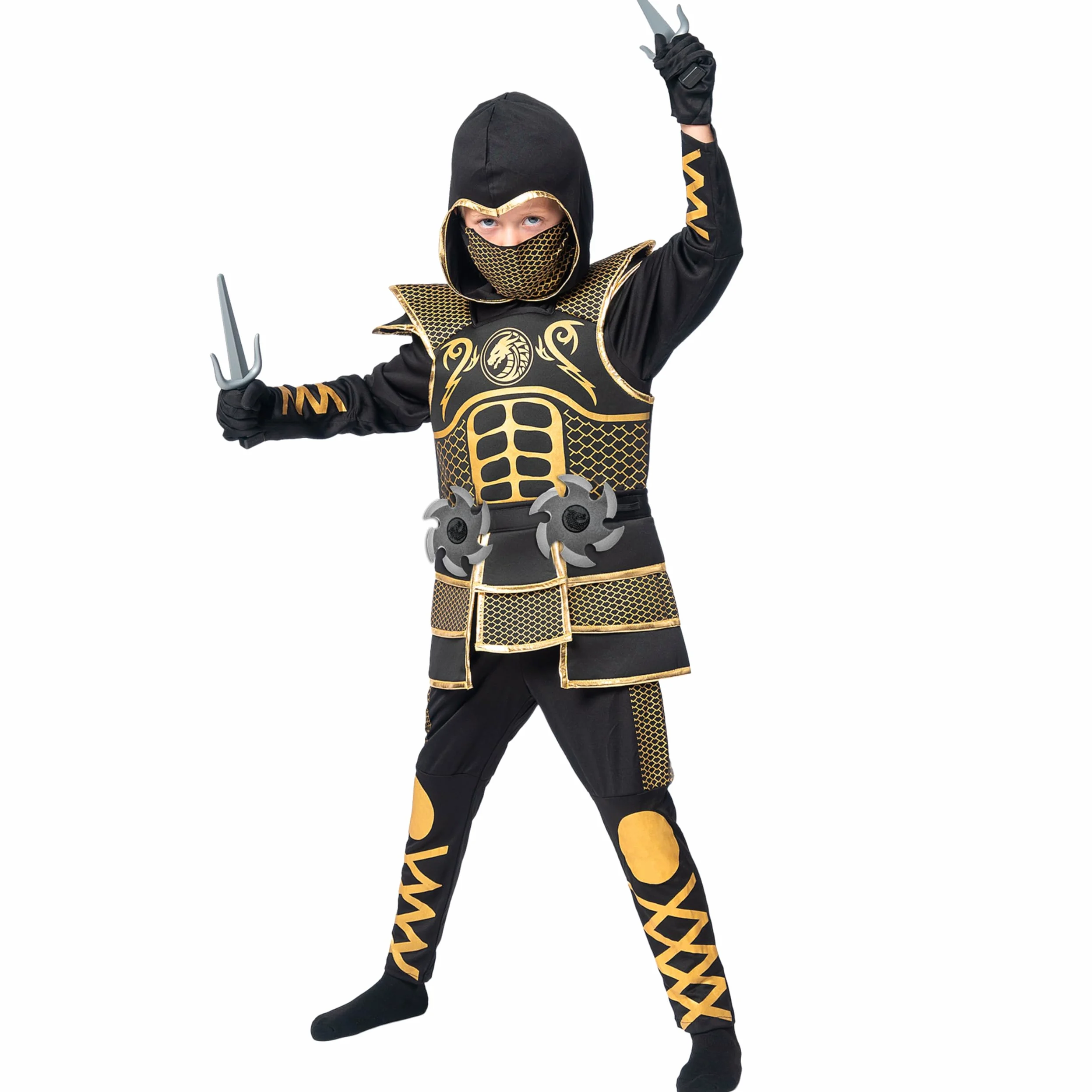 Spooktacular Creations Costume Ninja d'oro per ragazzi, set di costumi Ninja per bambini con armatura d'oro e modelli per Halloween Costume Ninja Dress Up Party