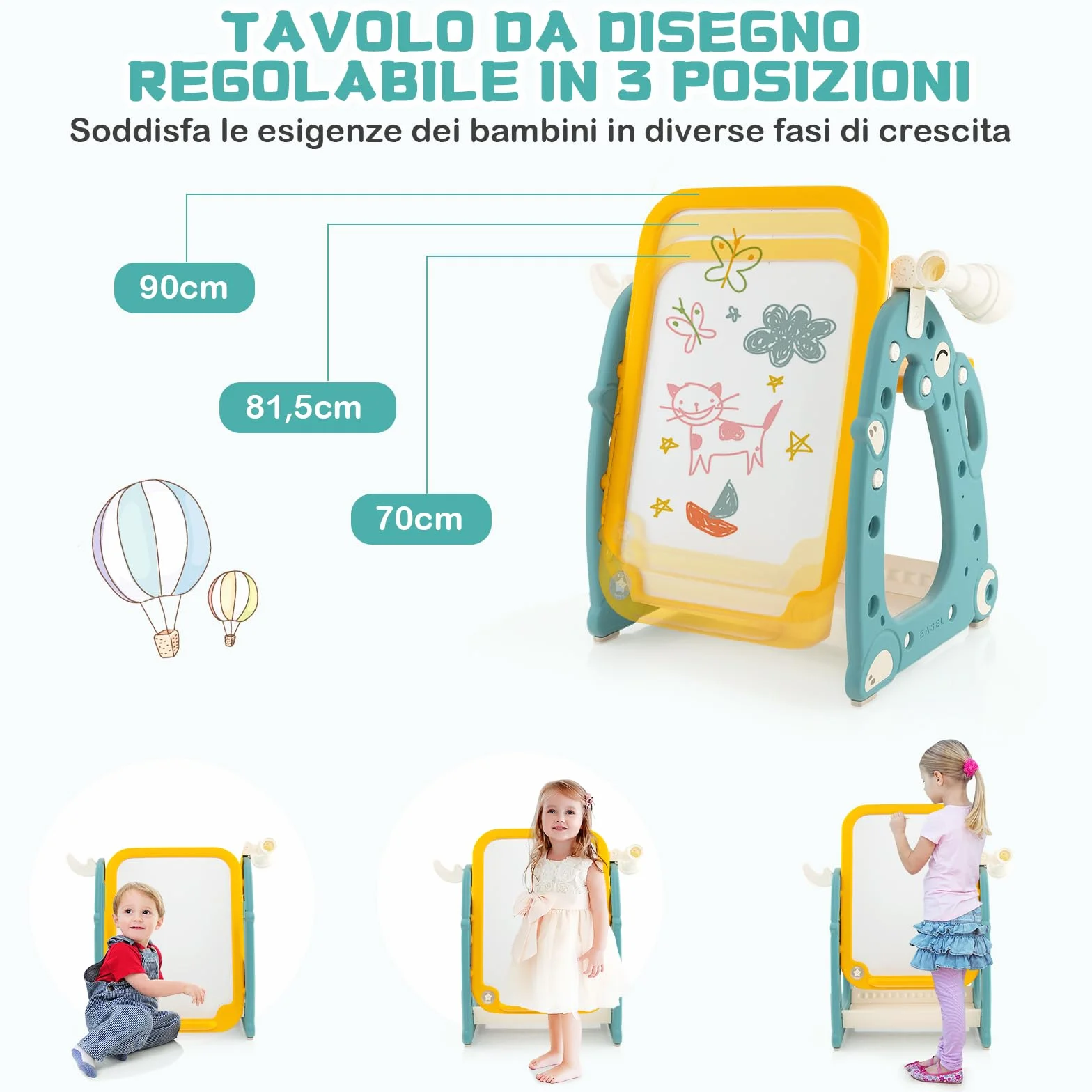 GYMAX Tavolozza Artistica 4 in 1 per Bambini con Sedia, Set Tavolo e Sedia per Disegno con Lavagna Magnetica Regolabile