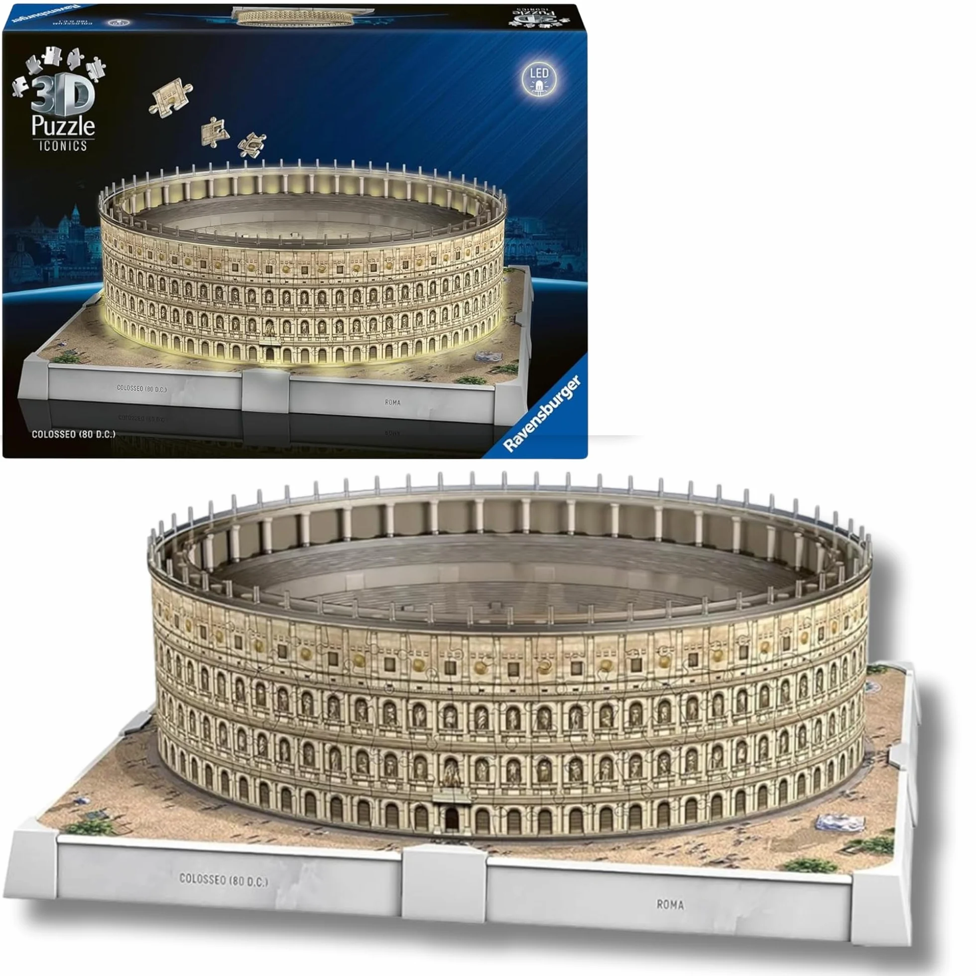 Ravensburger - Puzzle 3d Iconics Colosseo LED | Puzzle 3d Per Adulti E Bambini 8 Anni | Modellismo Da Costruire Adulti Di 216 Pezzi | Regalo Bambino 8 Anni E Più | Idee Regalo