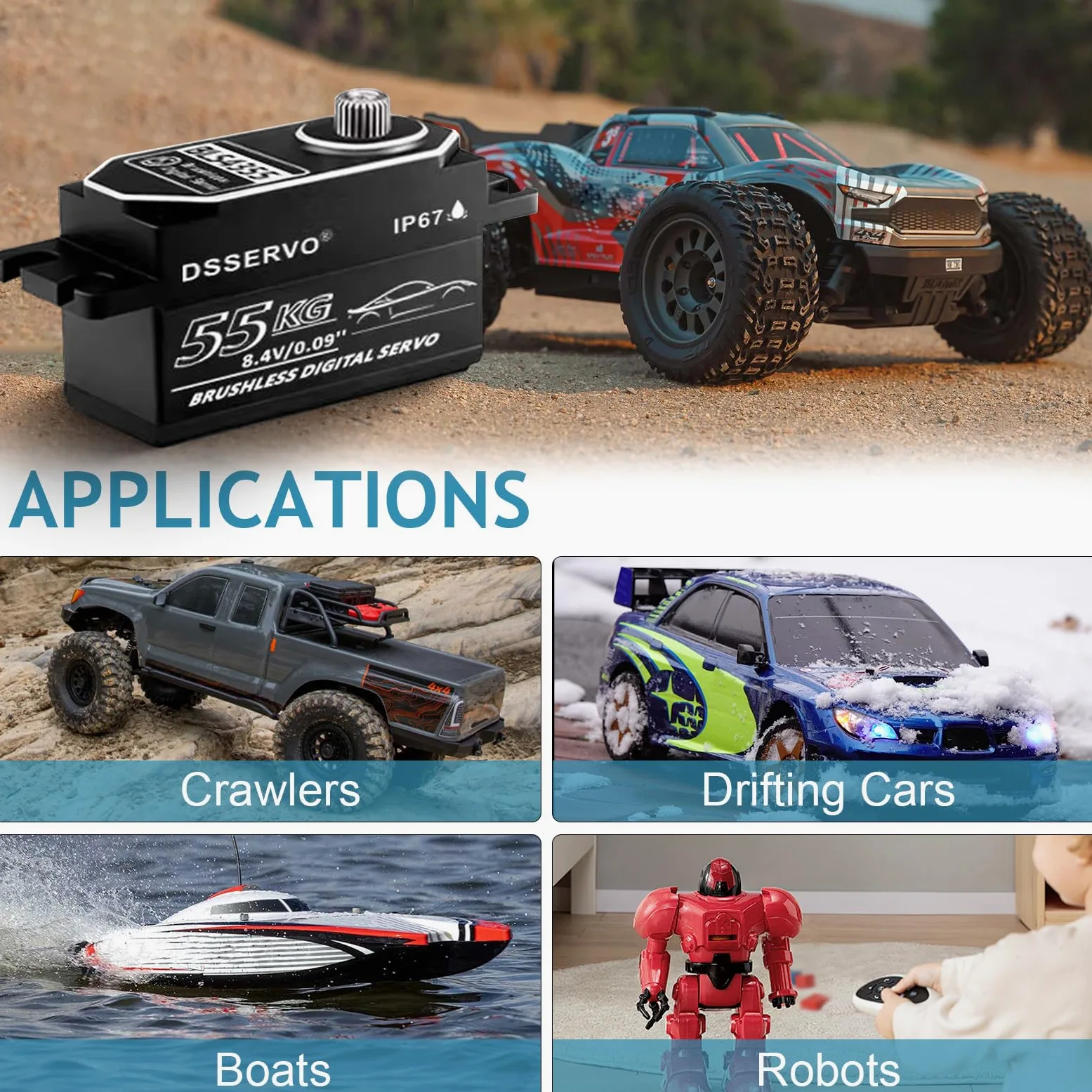 Servo brushless a basso profilo da 55 kg con 2 corno servo 25T tutto il metallo IP67 impermeabile Servo digitale ad alta coppia servo sterzo veloce per 1/8 1/10 1/12 1/14 RC auto, 180 °