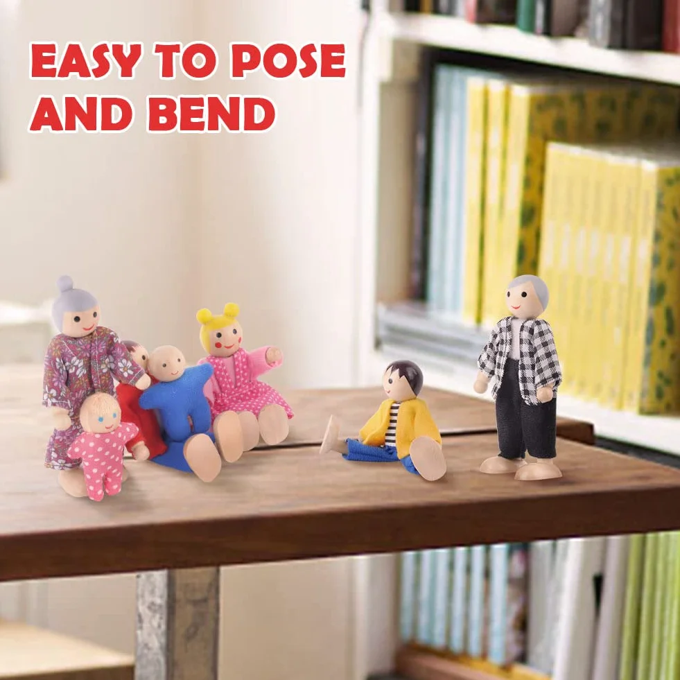 Aolso Casa delle Bambole Famiglia, 8 Pezzi in Legno con 4 Cuccioli, Dollhouse Persone Figure per Finta Casa Accessori Regalo