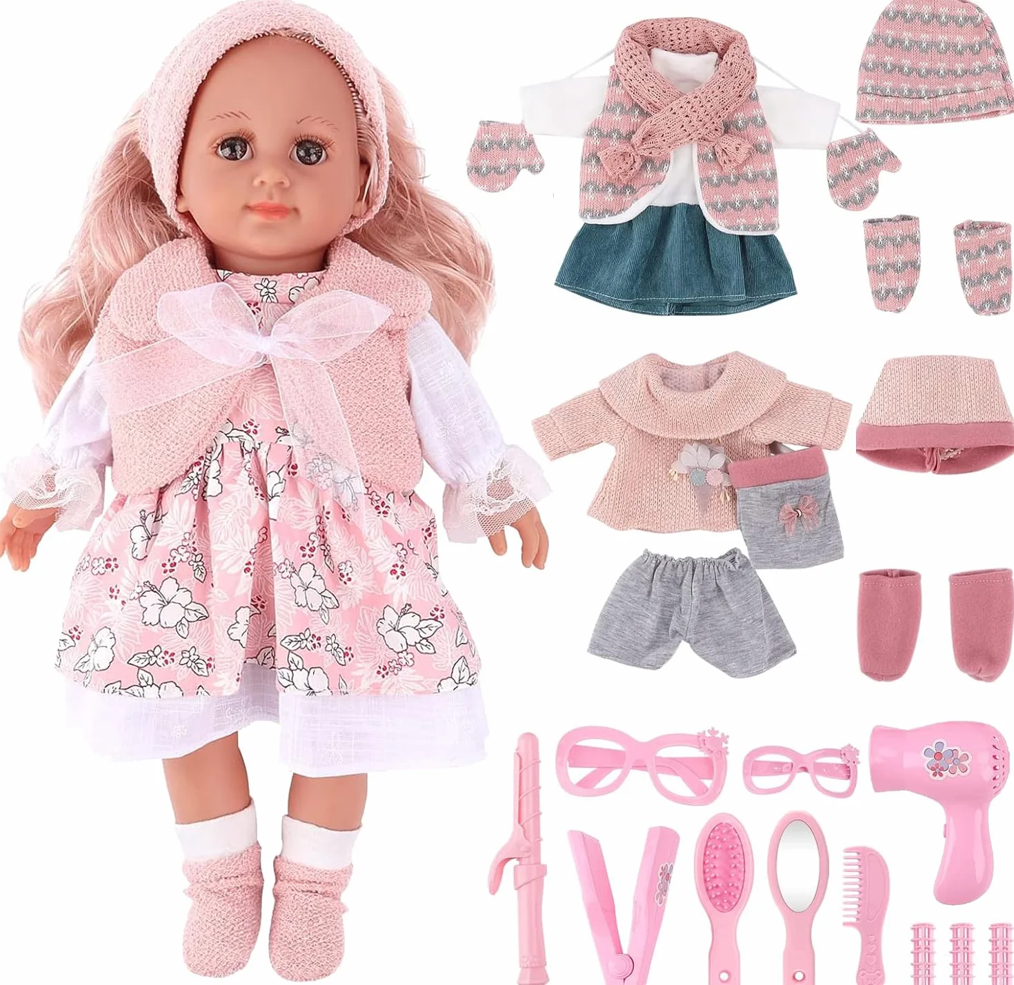 deAO Set Gioco Bambola con 3 Abiti e Accessori Capelli | Moda Doll Bambola per Bambina 36 cm, Bambole da Pettinare e Vestire,Giocattolo di Ruolo Educativo, Regalo per Bambini 3+ Anni