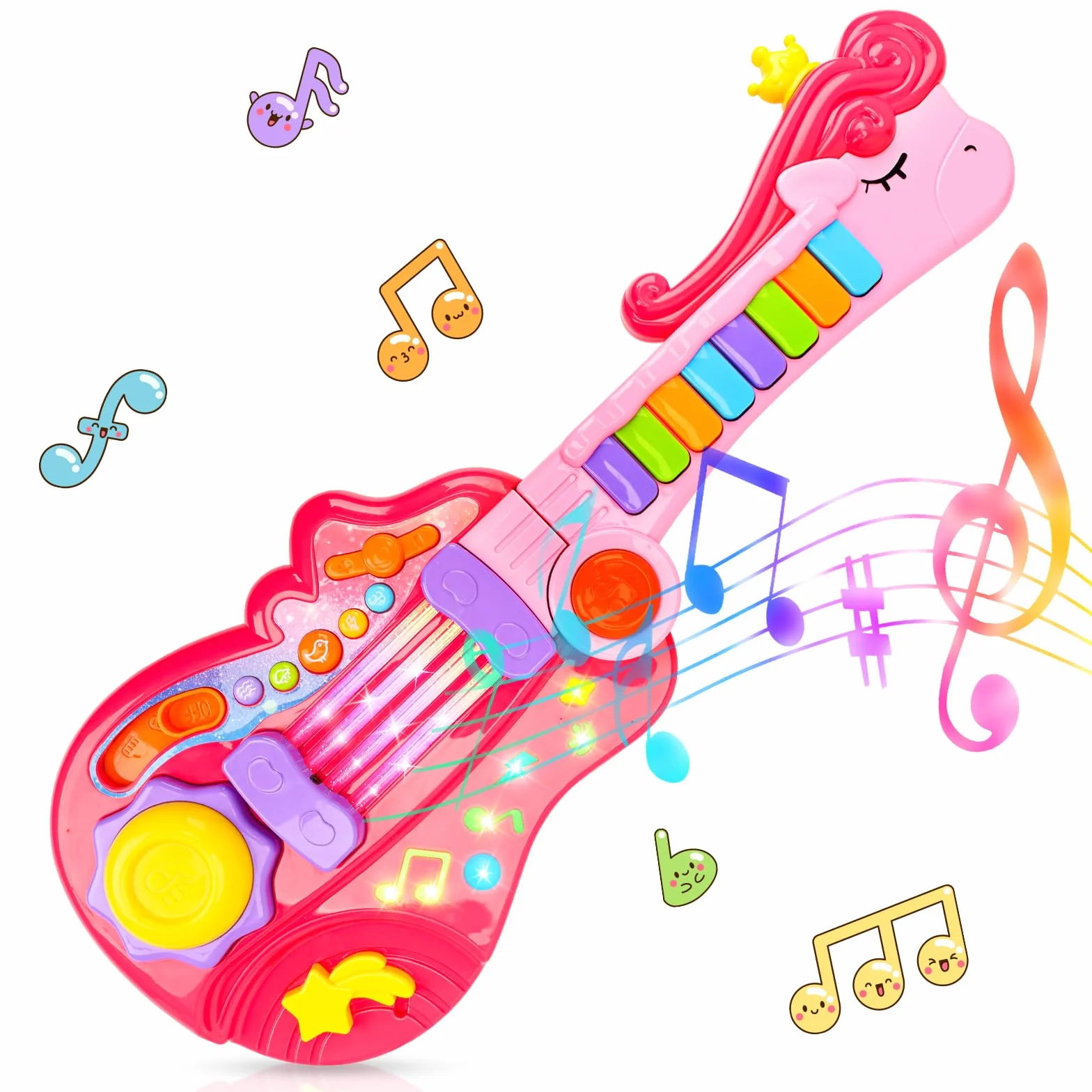 Chitarra Giocattolo 2-in-1 per Bambini con Modalità Pianoforte Strumento Musicale Elettrico Regalo 3-5 Anni Rosa