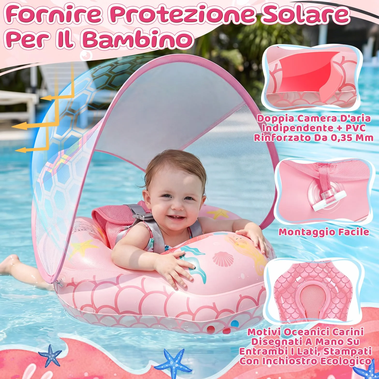 IEEILULU Salvagente Neonato, Ciambella Neonato Mare con Parasole Olare Rimovibile UPF50+, Salvagente Bambino con Adesivo di Riparazione per Piscina, Spiaggia, Vacanze da 6 a 36 Mesi