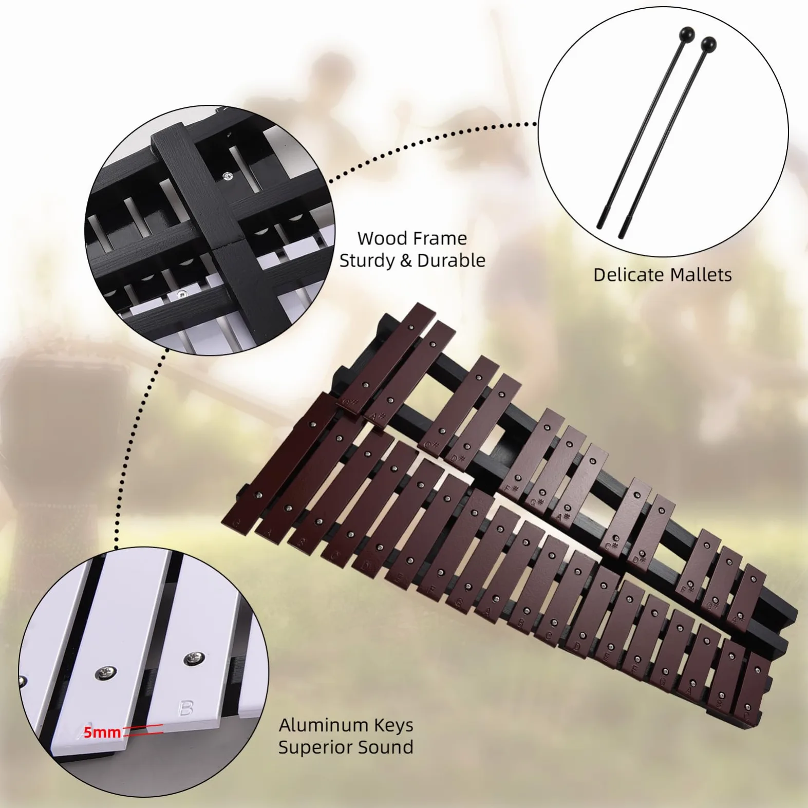 Glockenspiel di Alta qualità da 30 Note Xilofono Pieghevole con Struttura in Legno, Barre in Alluminio per L'educazione Musicale, Insegnamento, Gioco, Adatto a Tutte le età, Leggero e (Caffè)