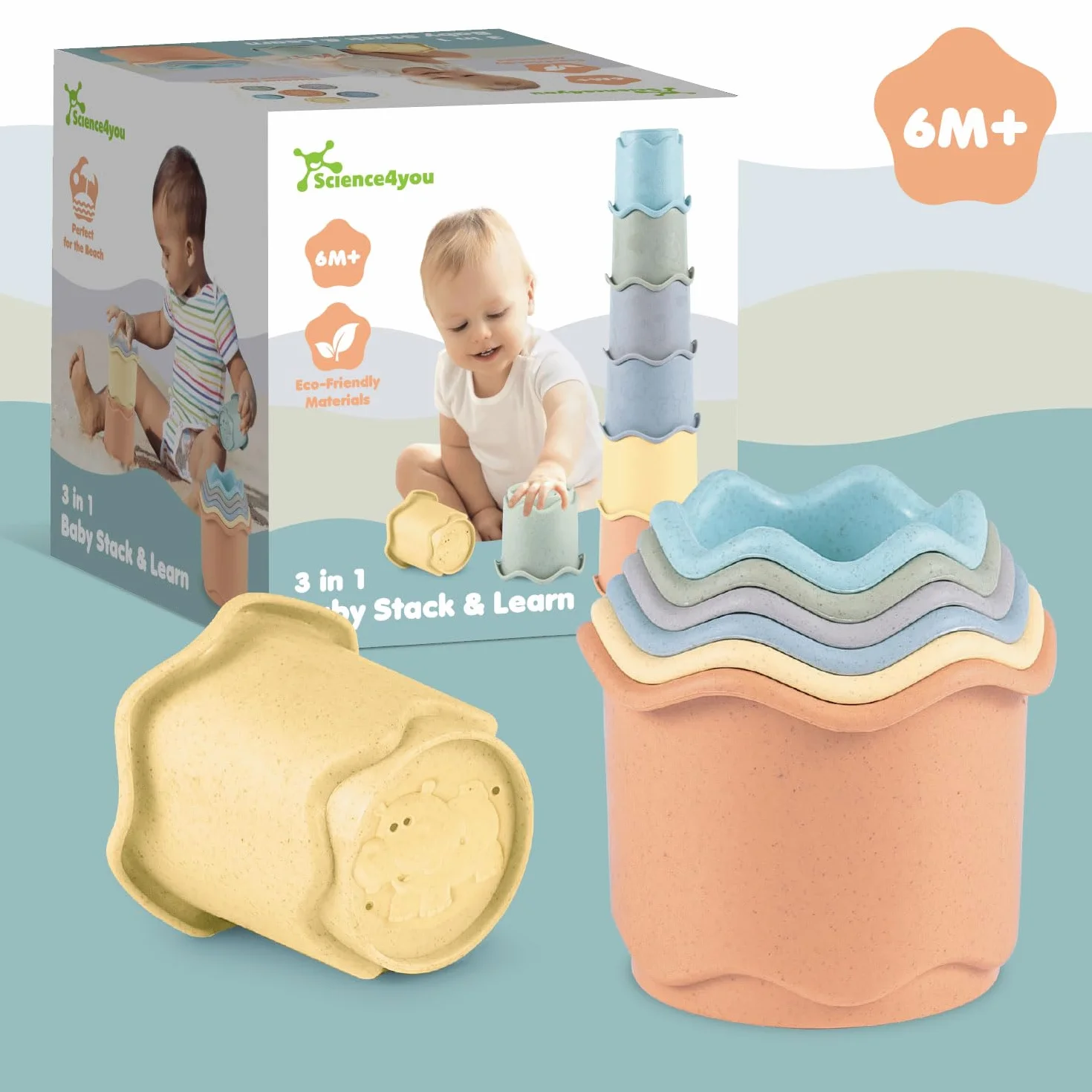 Science4you Bicchieri Impilabili Neonato 3 in 1 – Gioco Impilabile con 6 Bicchieri, Bagno Spiaggia Interno, 6 9 12 Mesi+