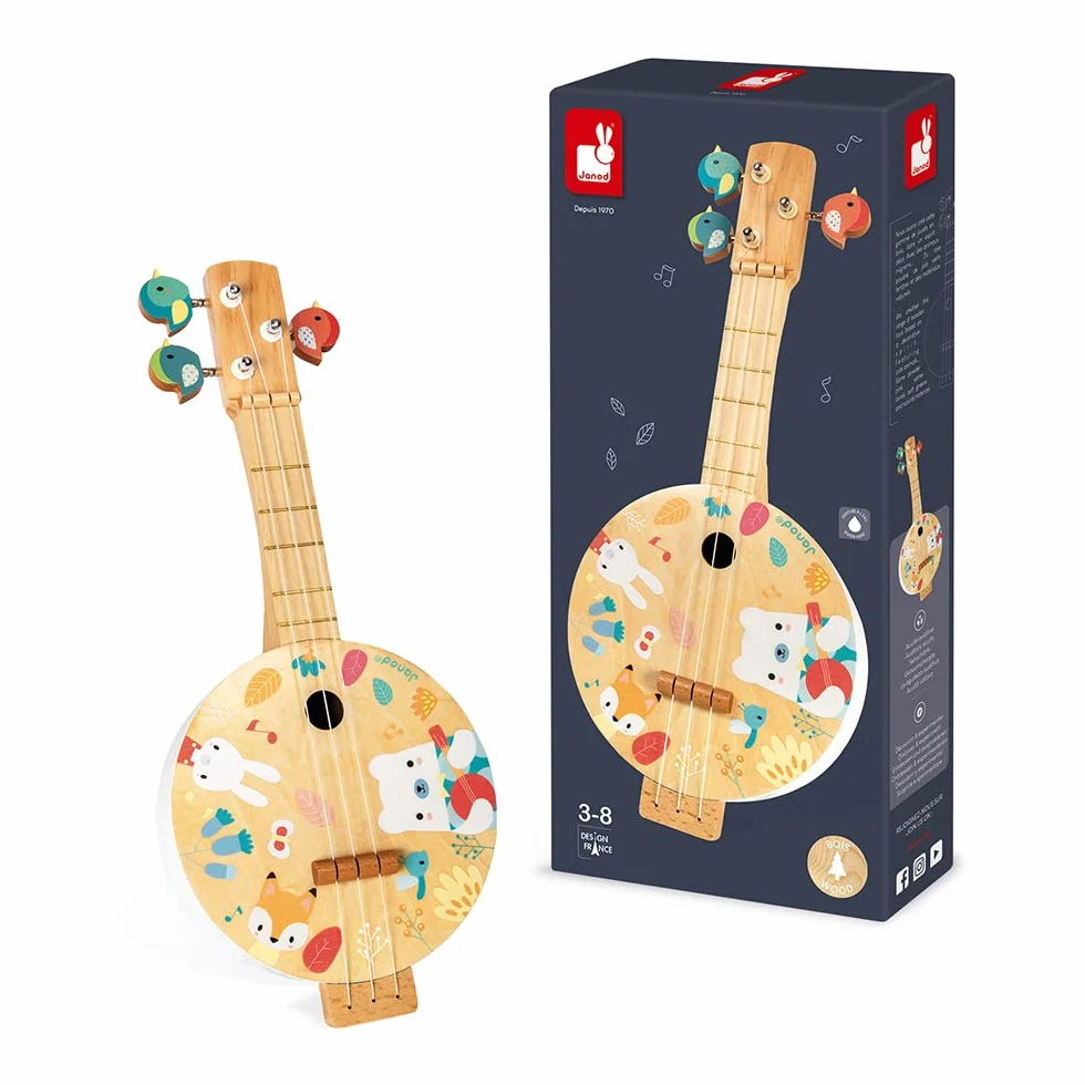 Janod Banjo Pure in Legno per Bambini 3-8 Anni con Illustrazioni, 3 Corde di Ricambio