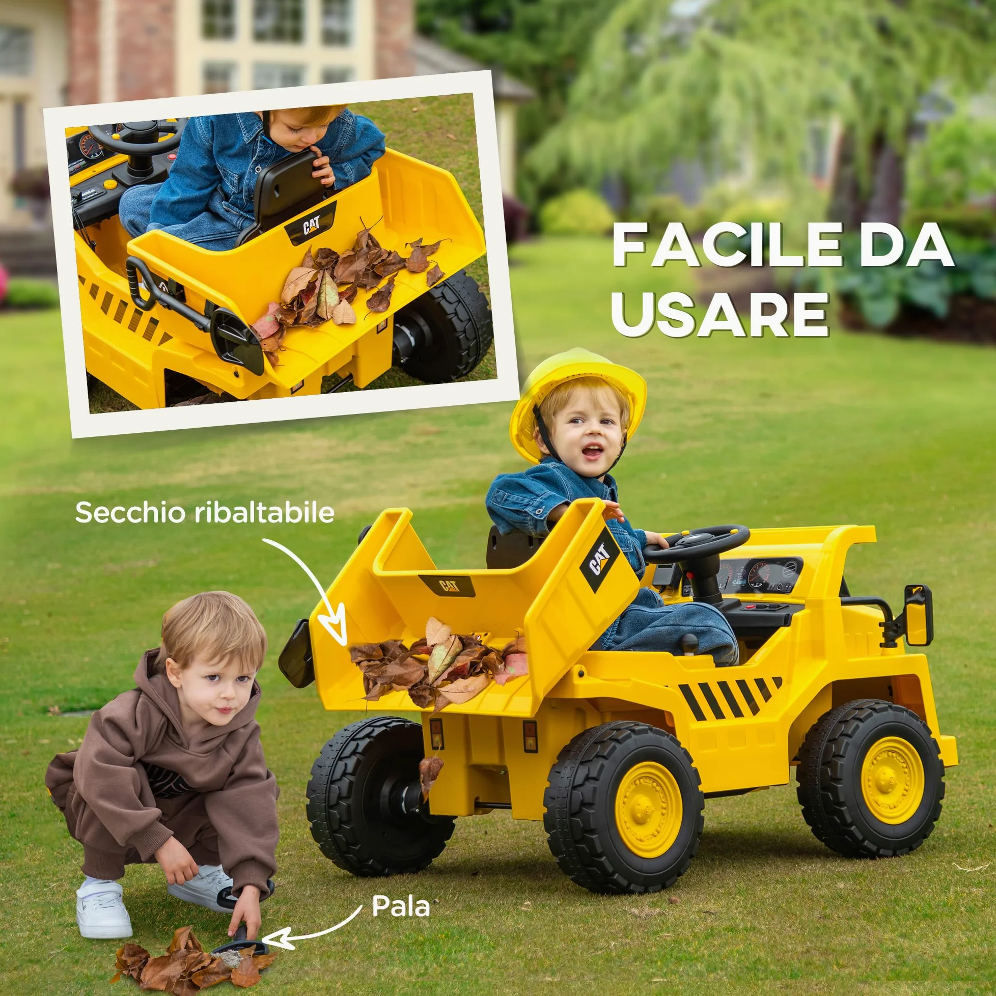 AIYAPLAY 12V Camion Giocattolo Licenza Caterpillar con Musica Giallo | Macchina Elettrica per Bambini, Telecomando, Fari, Secchio e Pala, Escavatore in PP e Metallo